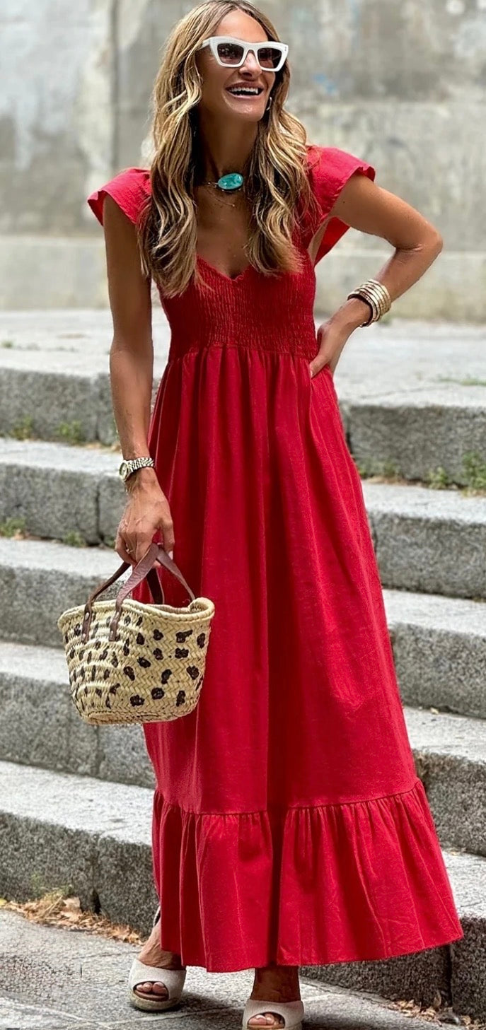 #28 NEW Women’s Red Flutter Sleeve Long Dress - Size S