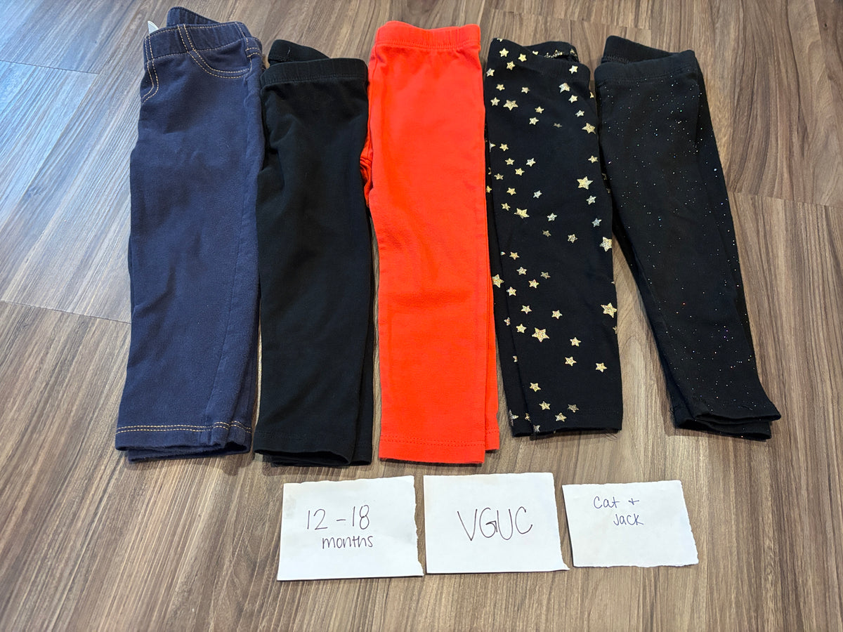 #138 - 12-18 Mo VGUC (5) Cat & Jack Leggings (jeans, black, red, stars, black sparkle)