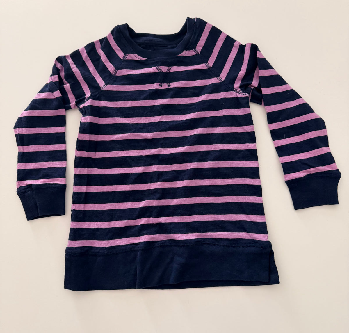 #117, Girls 5T, Primary navy & purple striped shirt, VGUC