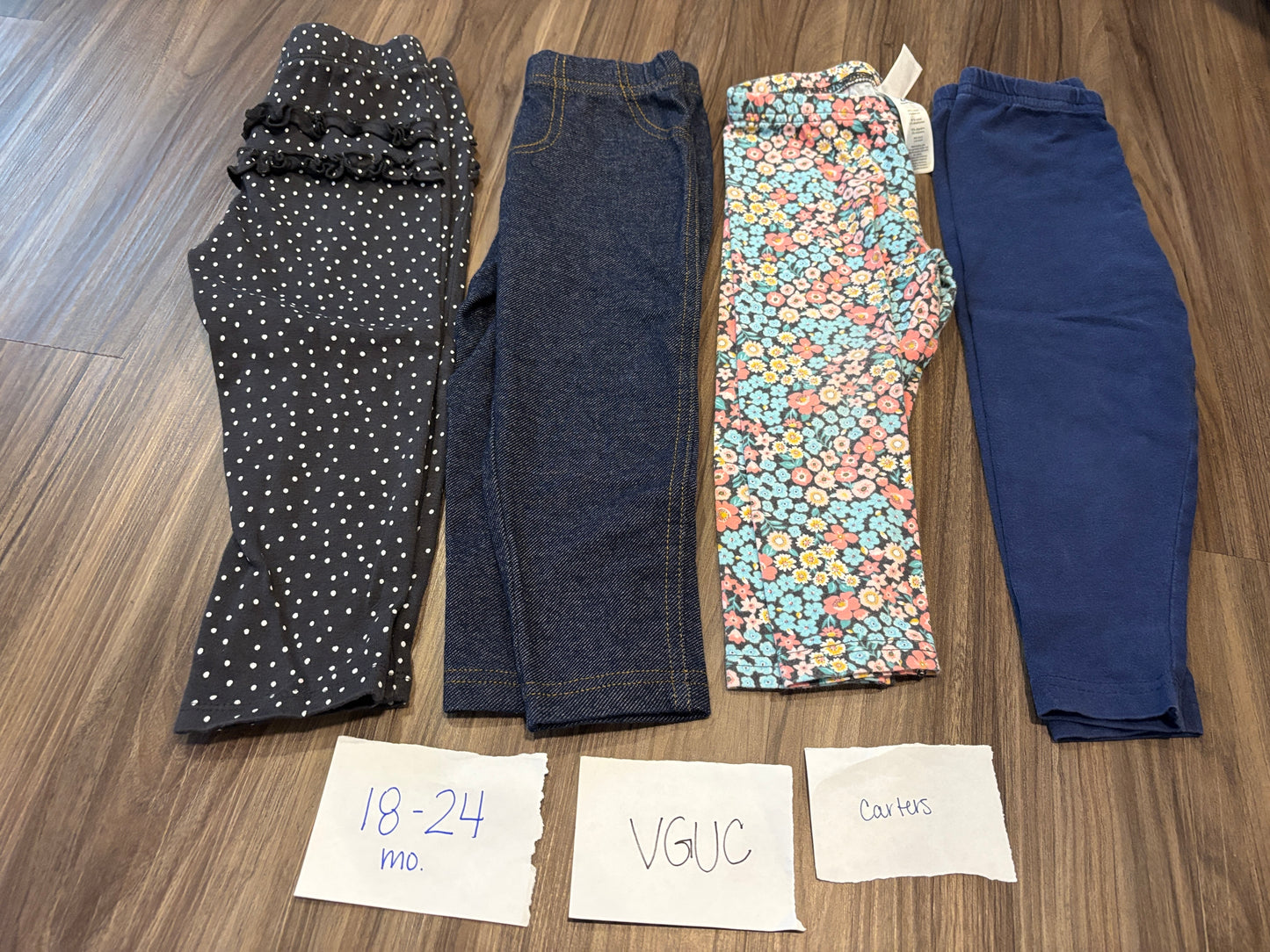 #138 - 18-24 Mo - VGUC Carters - 4 pair Leggings (black/white dot, denim, floral, navy) - PU 45236
