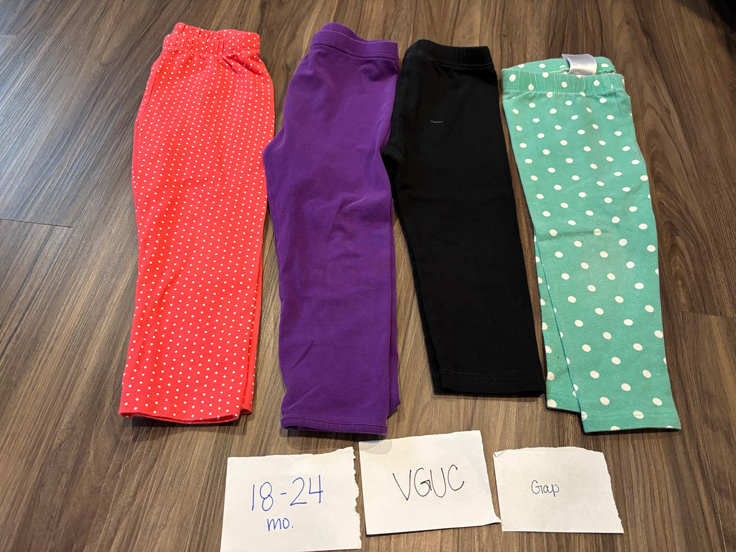 #138 - 18-24 Mo - VGUC Gap - 4 Pair Leggings (pink dot, purple, black, green dot) - PU 45236