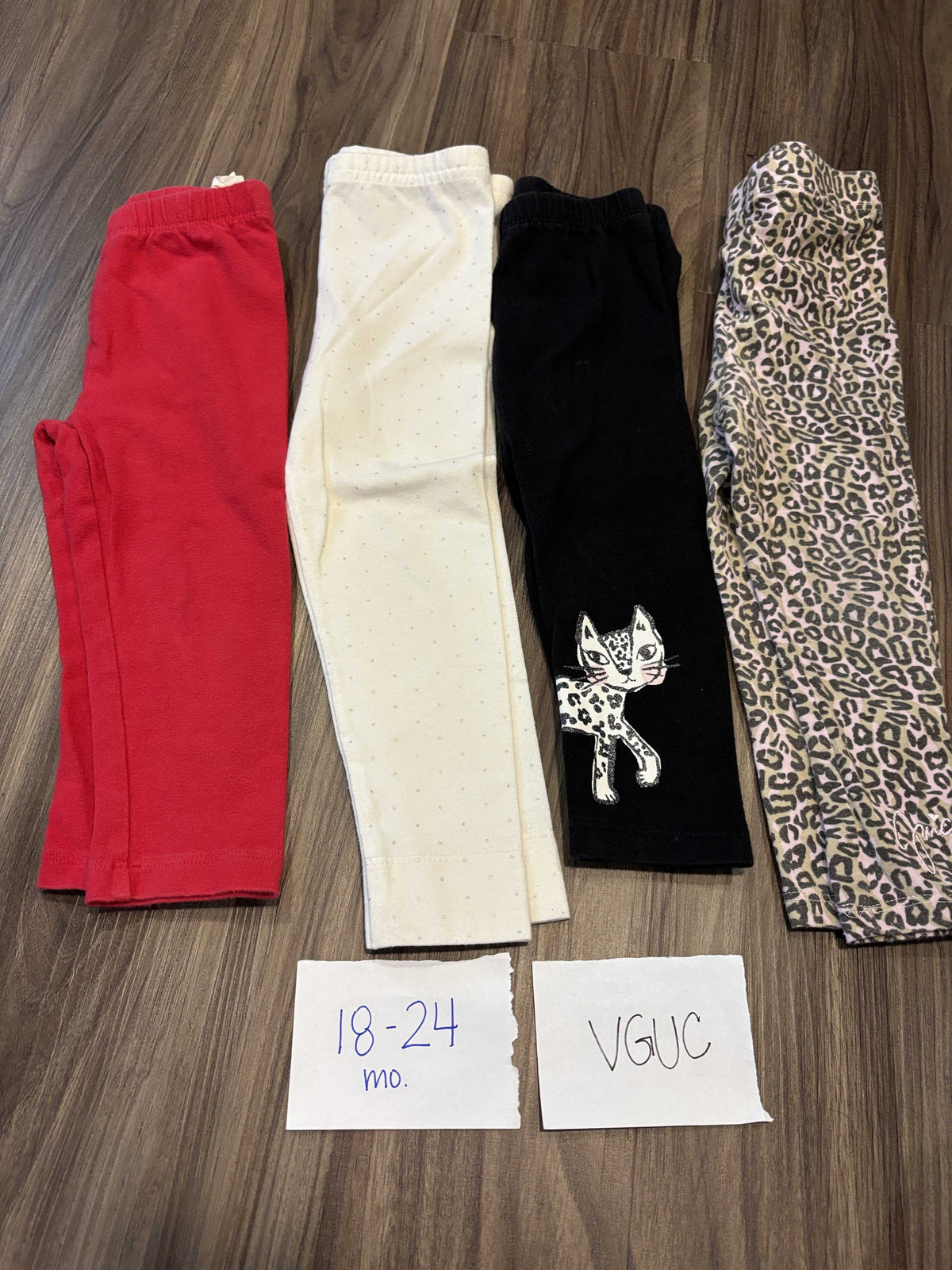 #138 - 18-24 Mo VGUC (4) Pants (red, white, cheetah, black cat)
