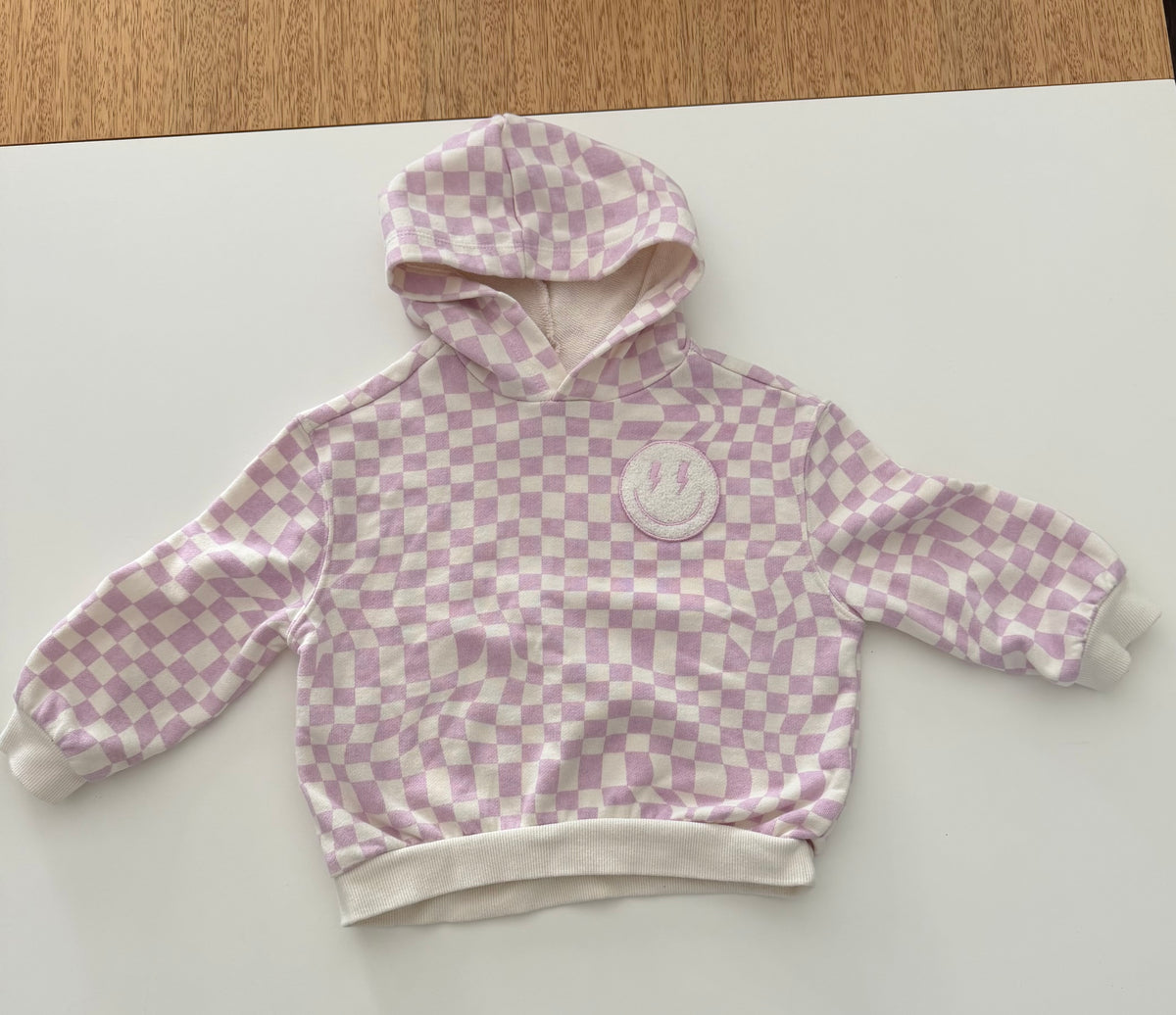 #117, Girls 4T, Grayson Mini purple checkered hoodie w/smiley face, VGUC
