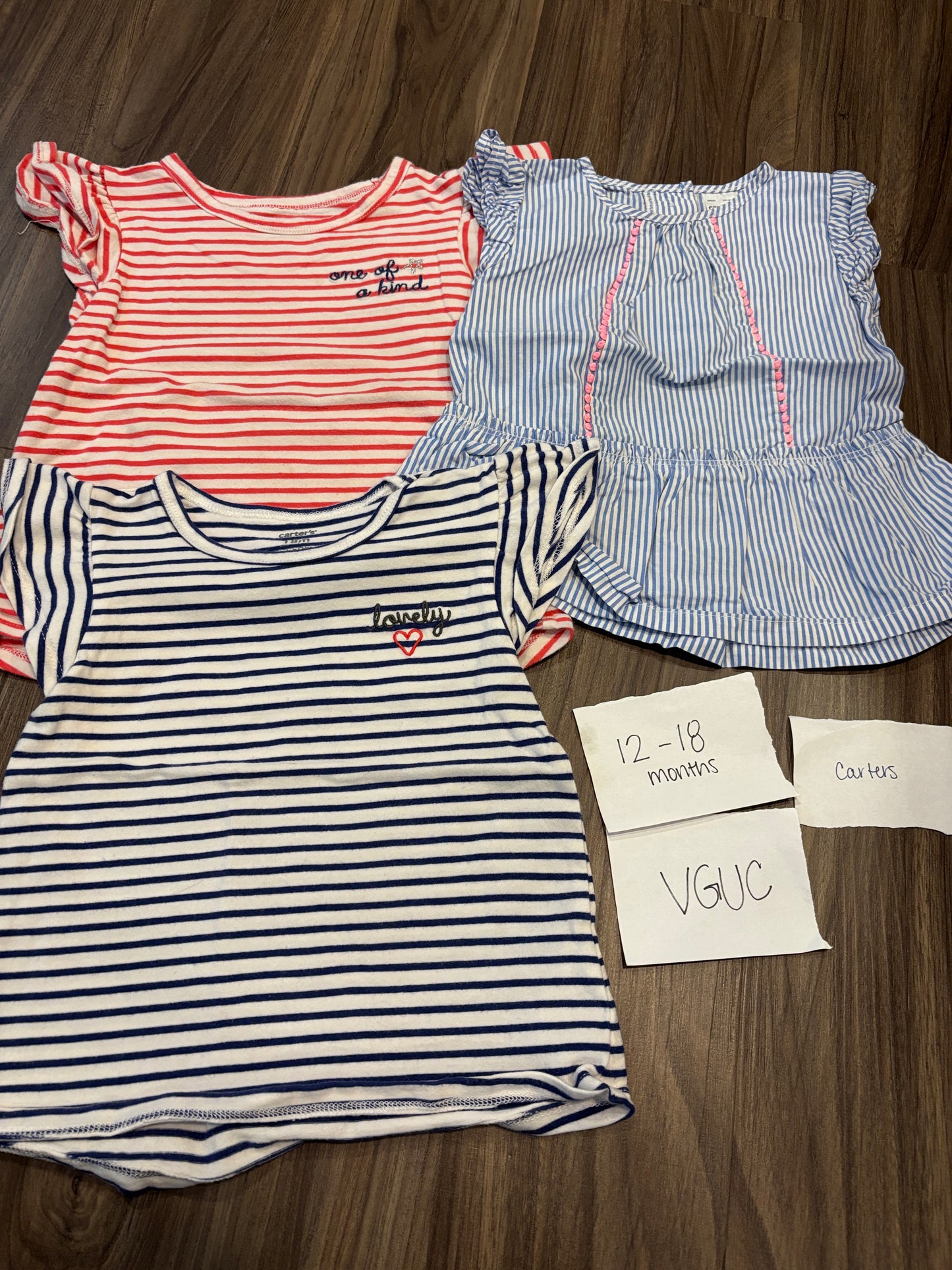 #138 - 12-18 Mo - VGUC Carters - 3 Shirts (pink/blue striped) - PU 45236