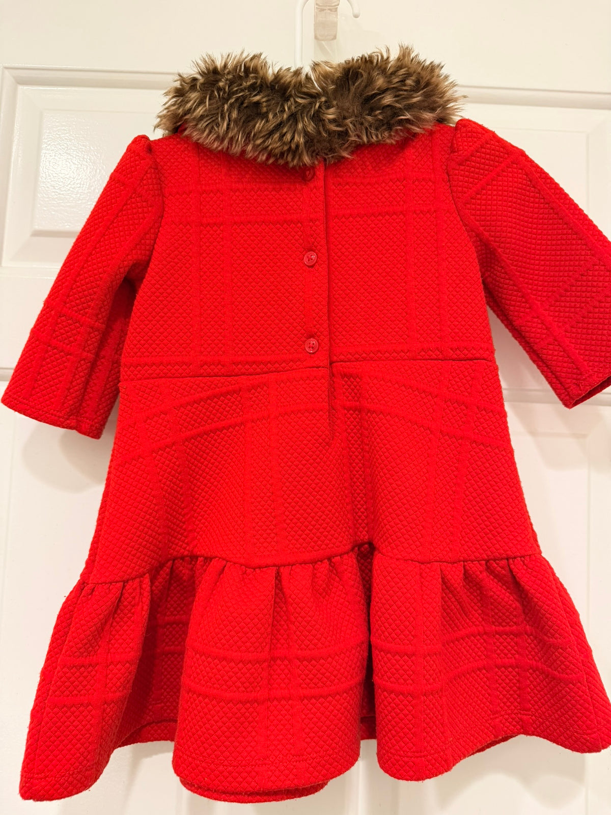 #85 Janie and Jack Red Winter Dress with Brown Faux Fur Collar, Girls 18-24m