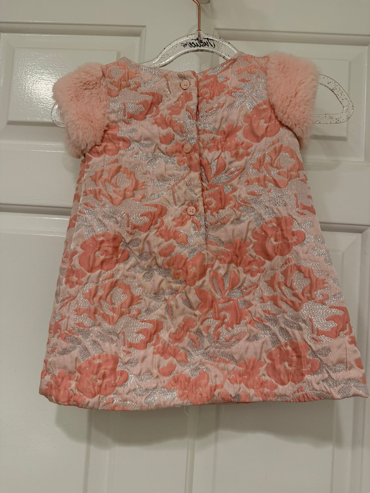 #85 Janie and Jack Pink and Silver Dress with Faux Fur cap sleeves, Girls 12-18m