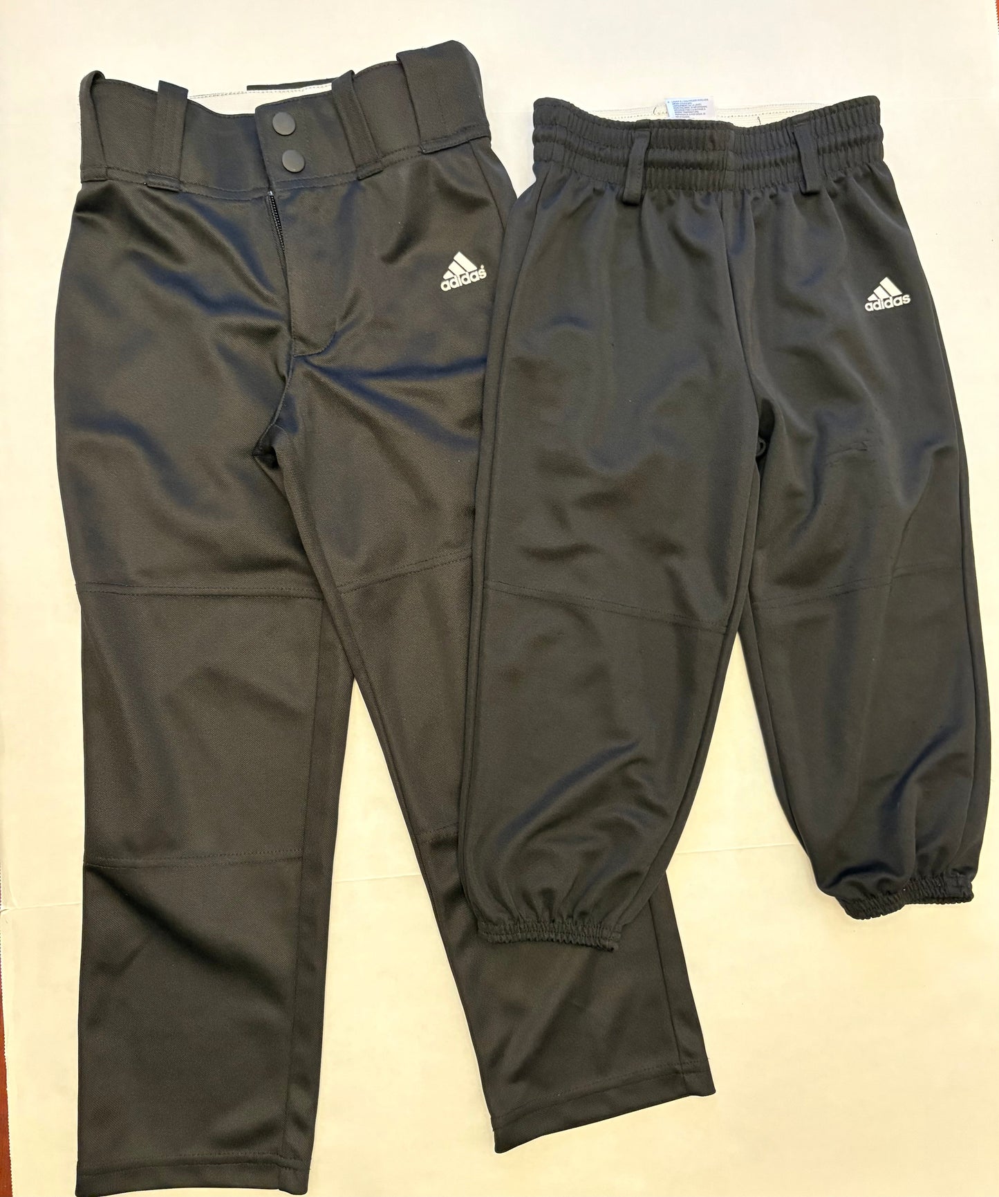 PPU 45227 Seller 121 VGUC 2 pairs Adidas black baseball pants. 1 full length , 1 knee. Knee length has a small snag. Size xs