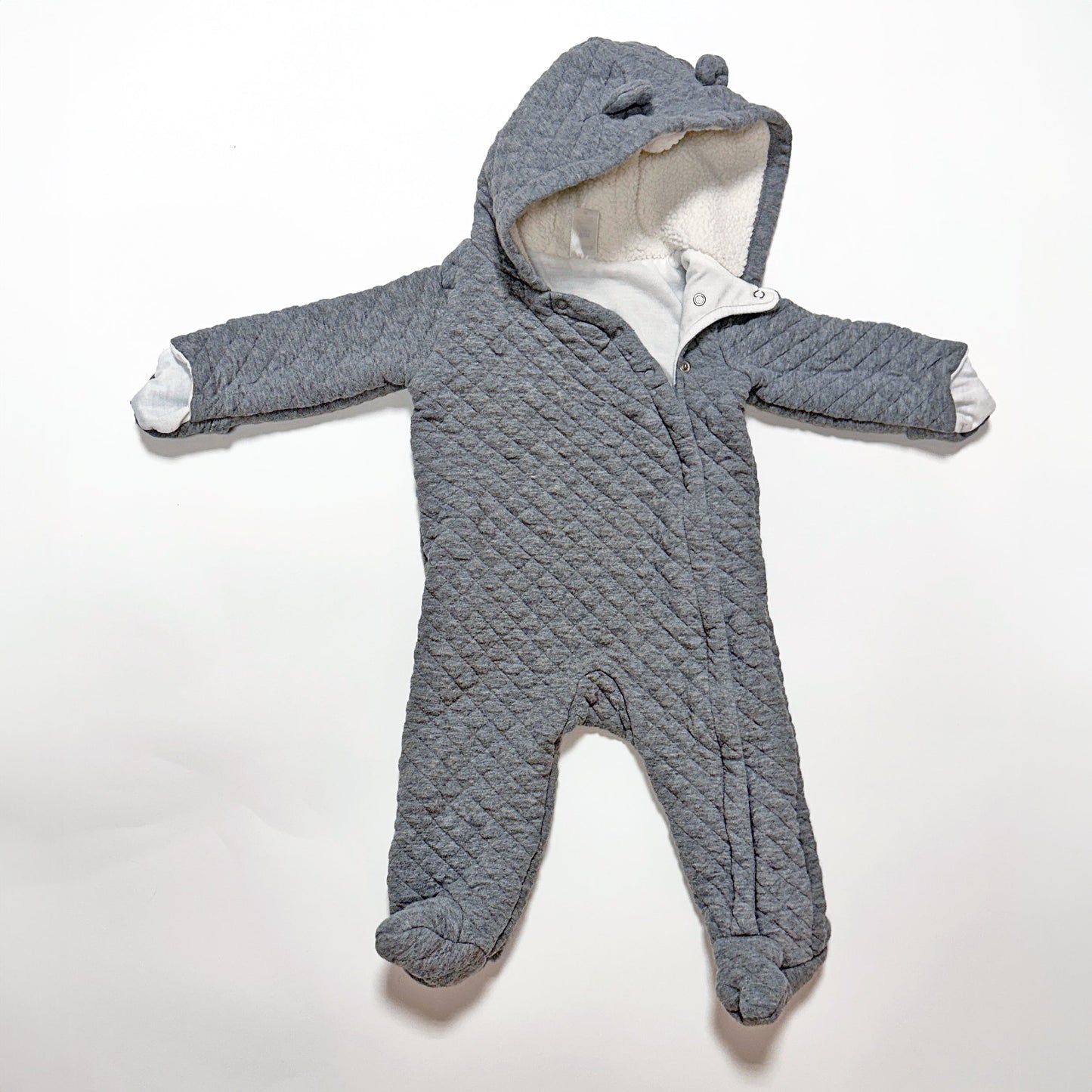 #87 Carters 9 month snow suit, gender neutral, grey, zipper closure, hand flaps