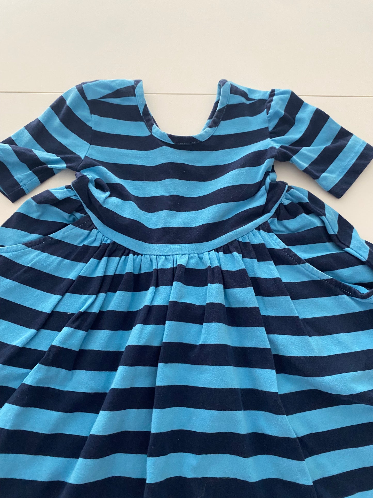 #117- Girls 3T, Hanna Andersson blue/navy striped dress, VGUC
