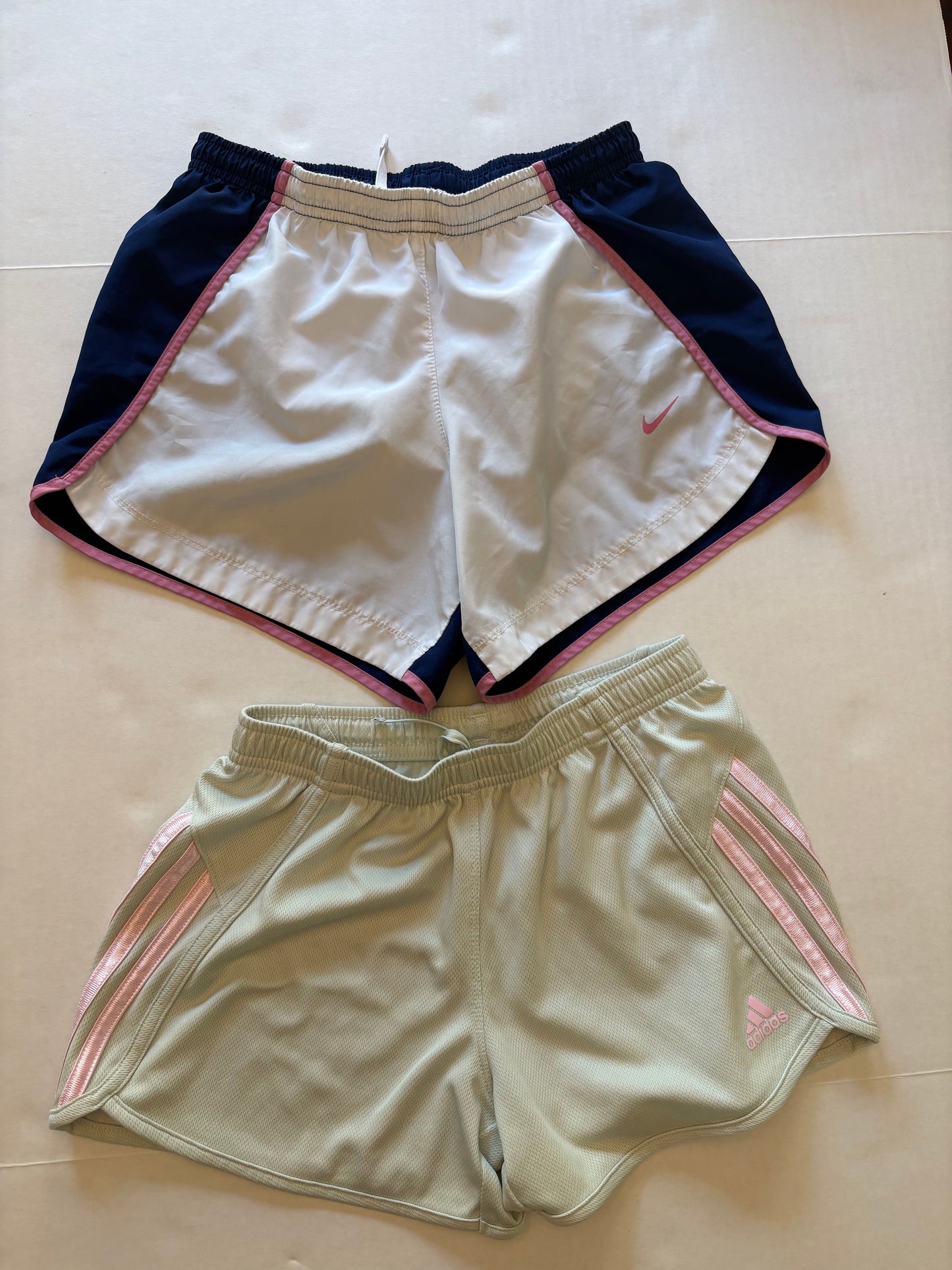 PPU 45227 Seller 121 2 pairs Girls athletic shorts. Green adidas size M(10/12) Nike White/navy size youth L (fit like YM/10/12)