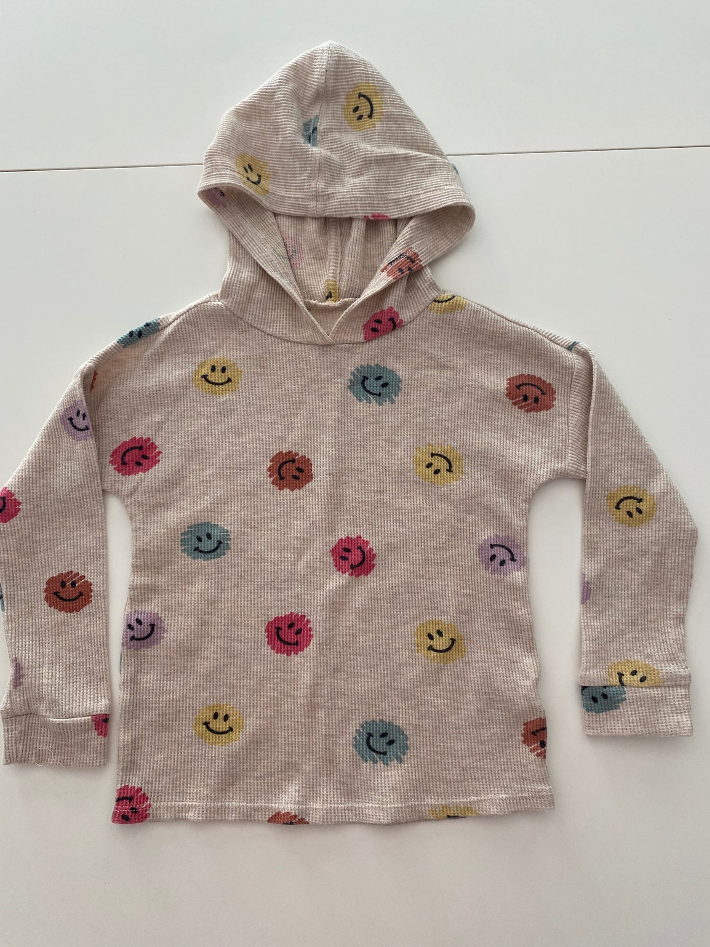 #118- Girls 4T, Garanimals tan smiley face hooded sweatshirt, VGUC