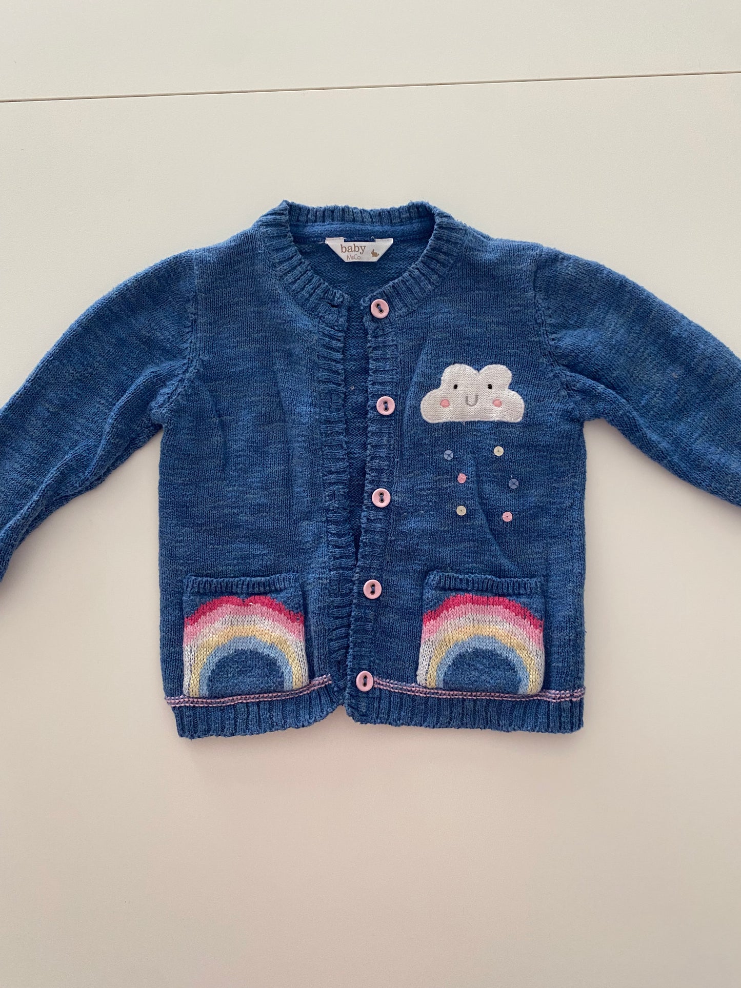#117- Girls 18M, M&Co. Blue rainbow & cloud cardigan sweater, GUC