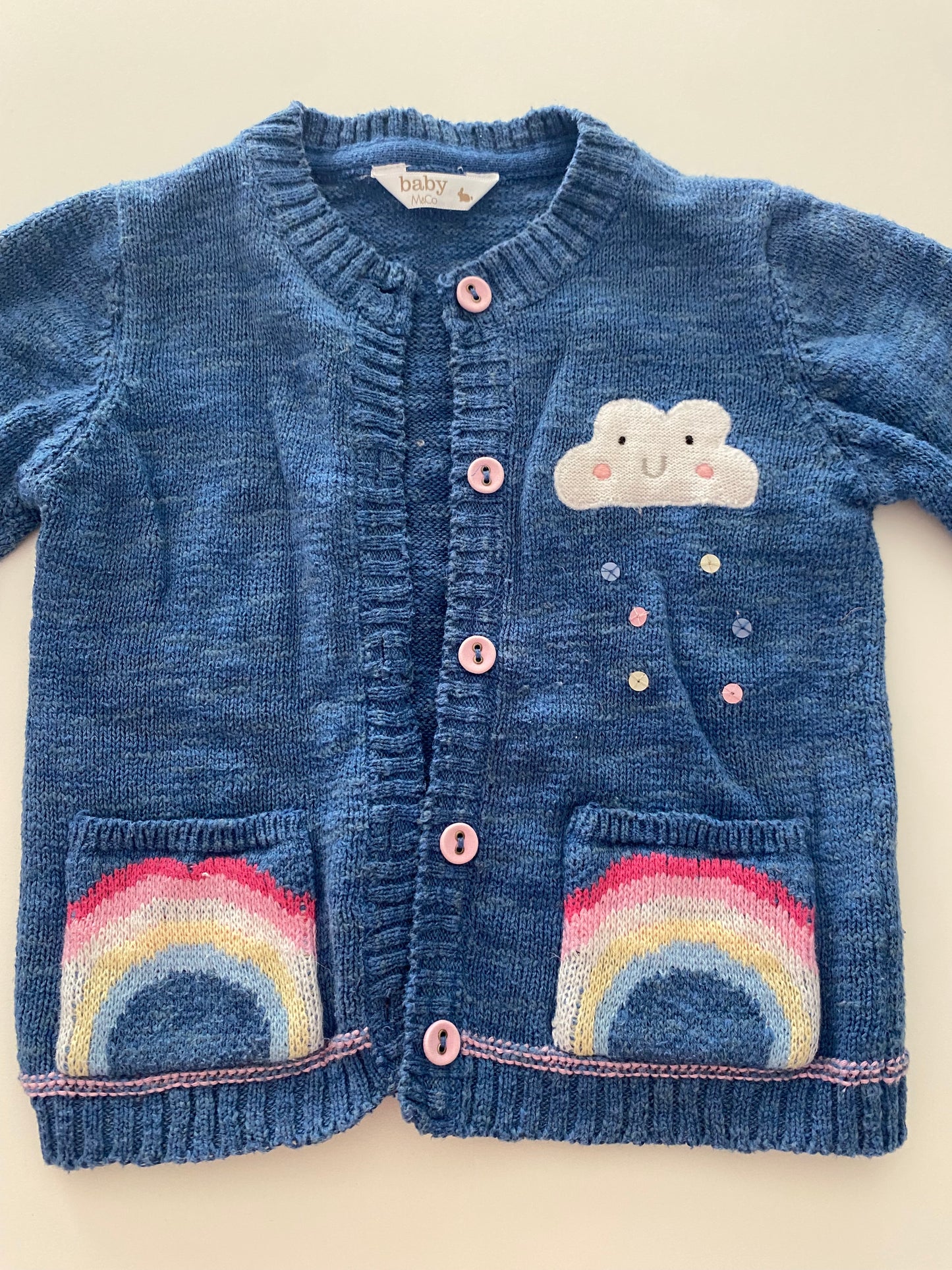 #117- Girls 18M, M&Co. Blue rainbow & cloud cardigan sweater, GUC