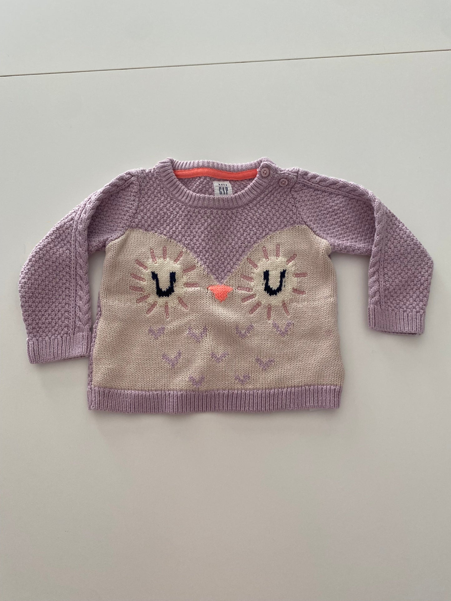 #117- Girls 12M, Gap purple owl knit sweater, VGUC,*reduced*