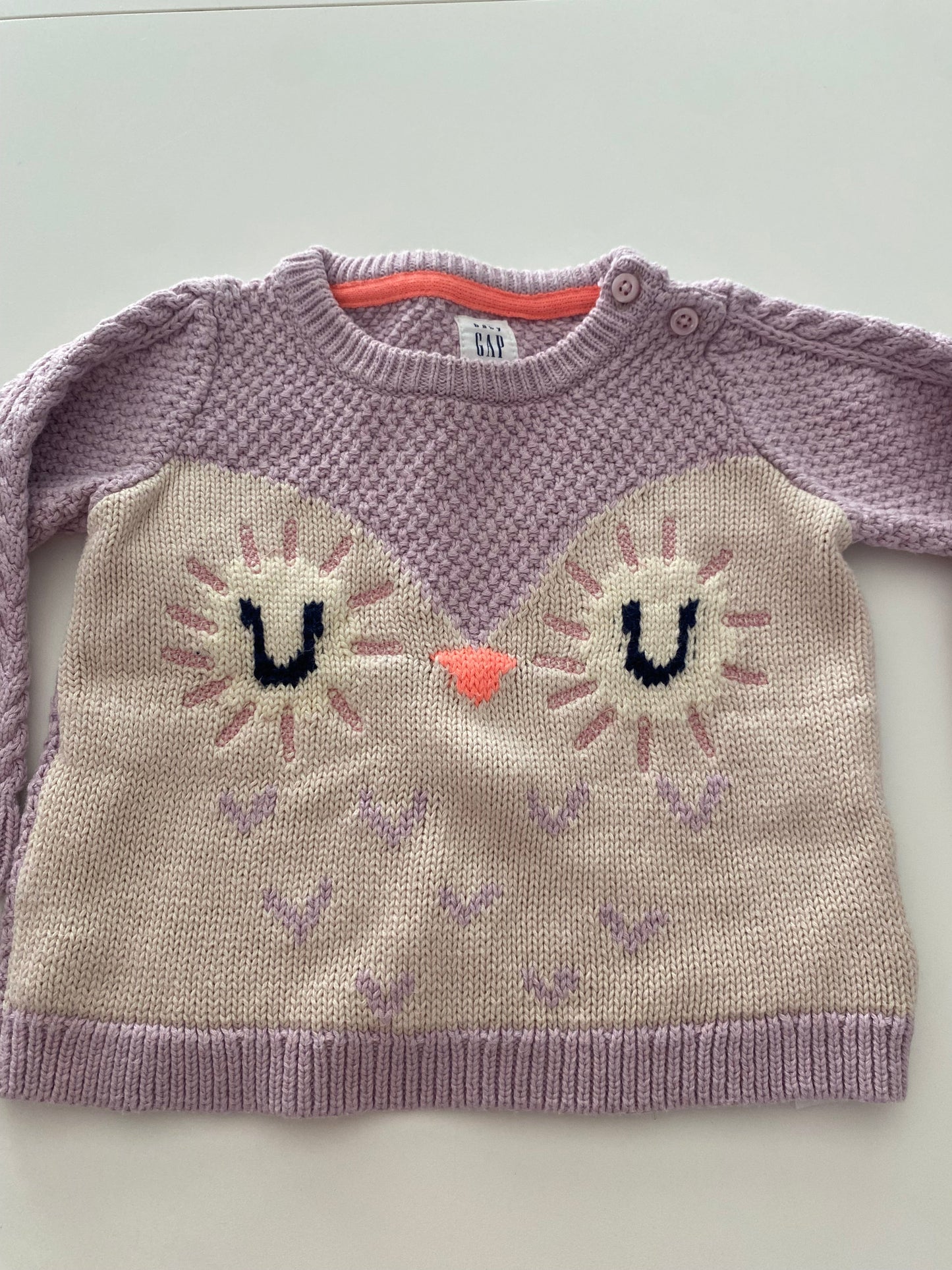 #117- Girls 12M, Gap purple owl knit sweater, VGUC,*reduced*