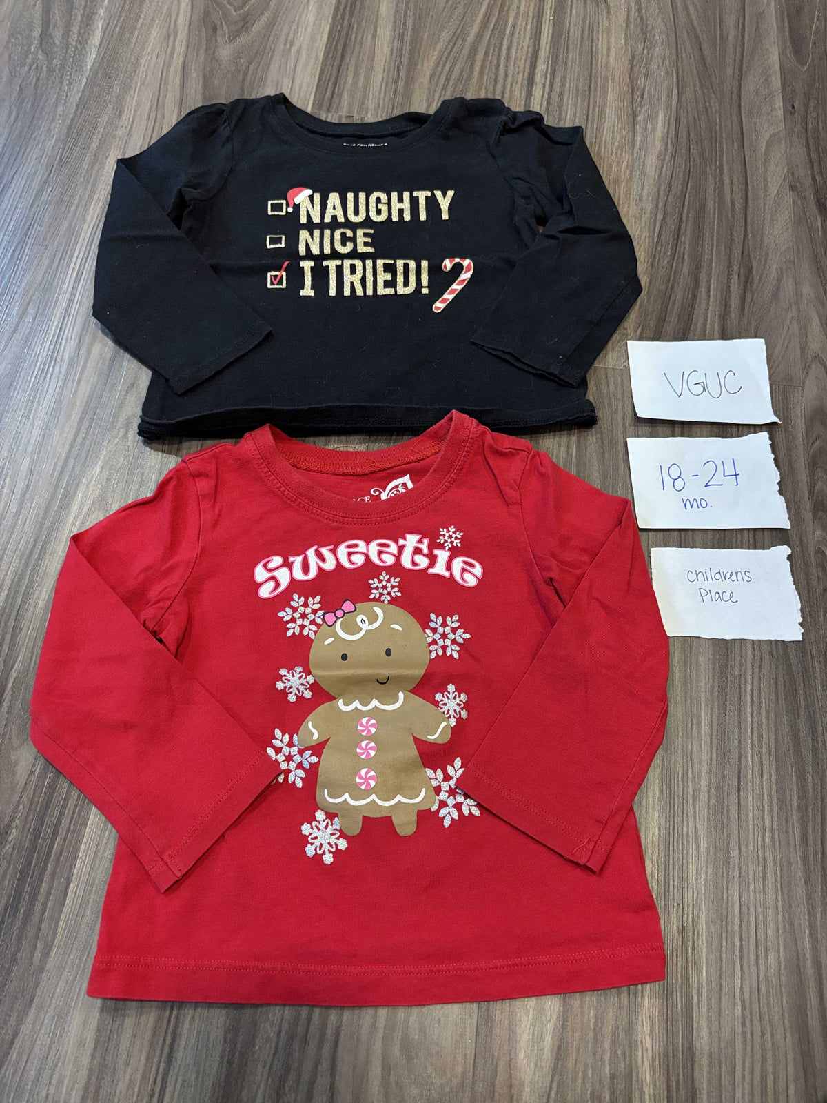 #138 - 18-24 Mo (2) VGUC Christmas Shirts (I Tried, Sweetie)
