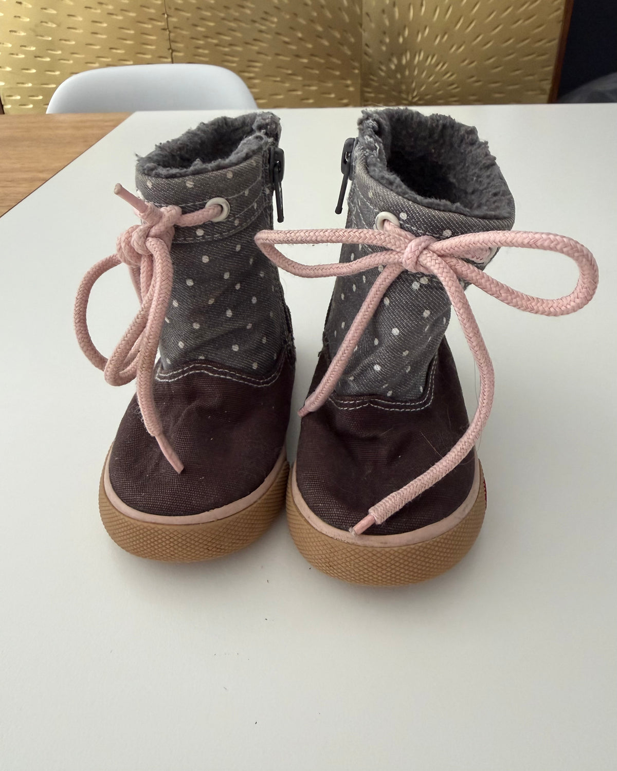#117, Girls shoes 4c, See Kai Run, brown and grey polka dot boots, VGUC
