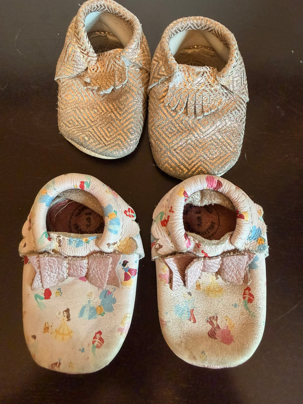 #85 Freshly Picked Pair Leather Moccasins: Disney Princess, Rose Gold Geo, Girls Shoes 3