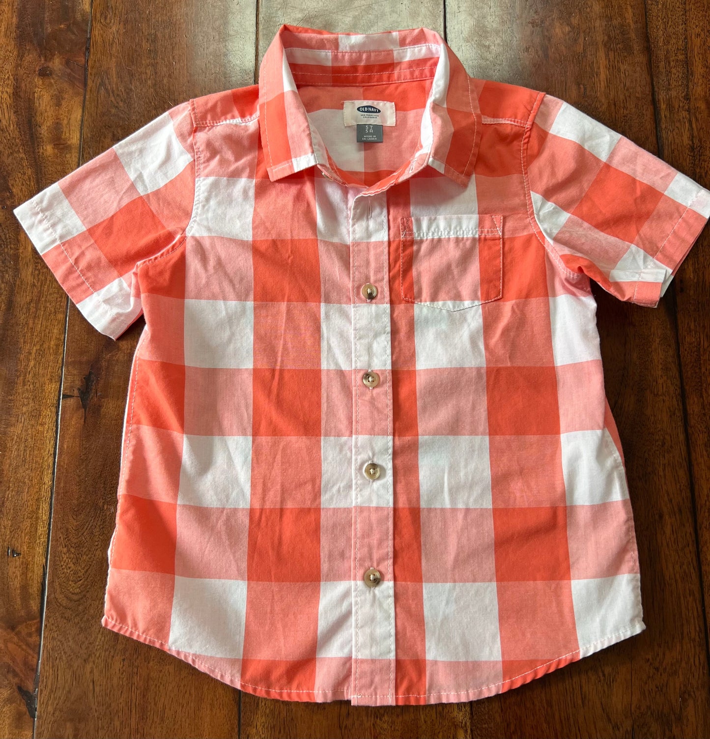 #66 size 5 Old Navy orange/coral/white checkered button-down. VGUC