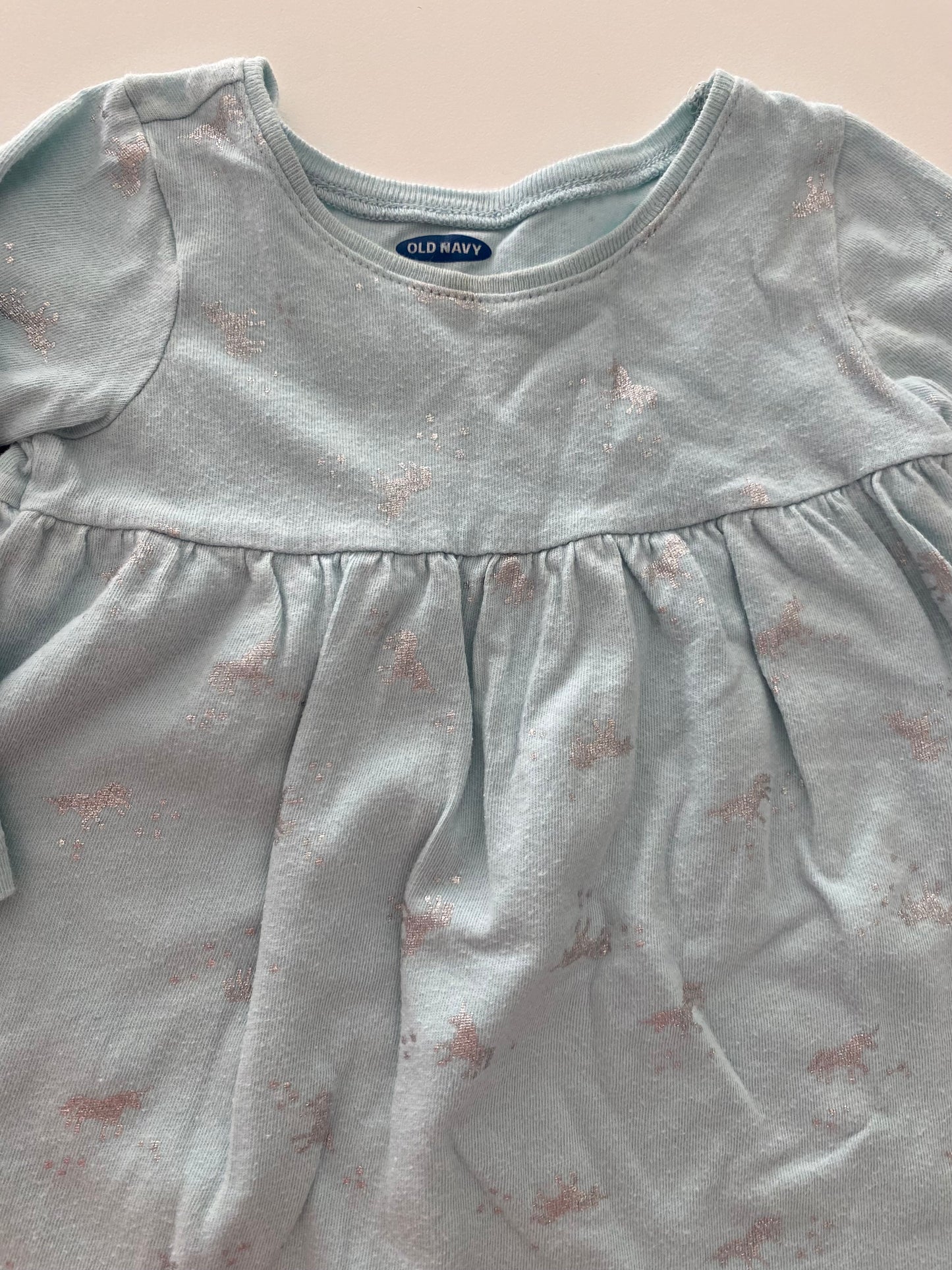#117- Girls 12M, Old Navy blue unicorn and purple /navy striped dress, GUC