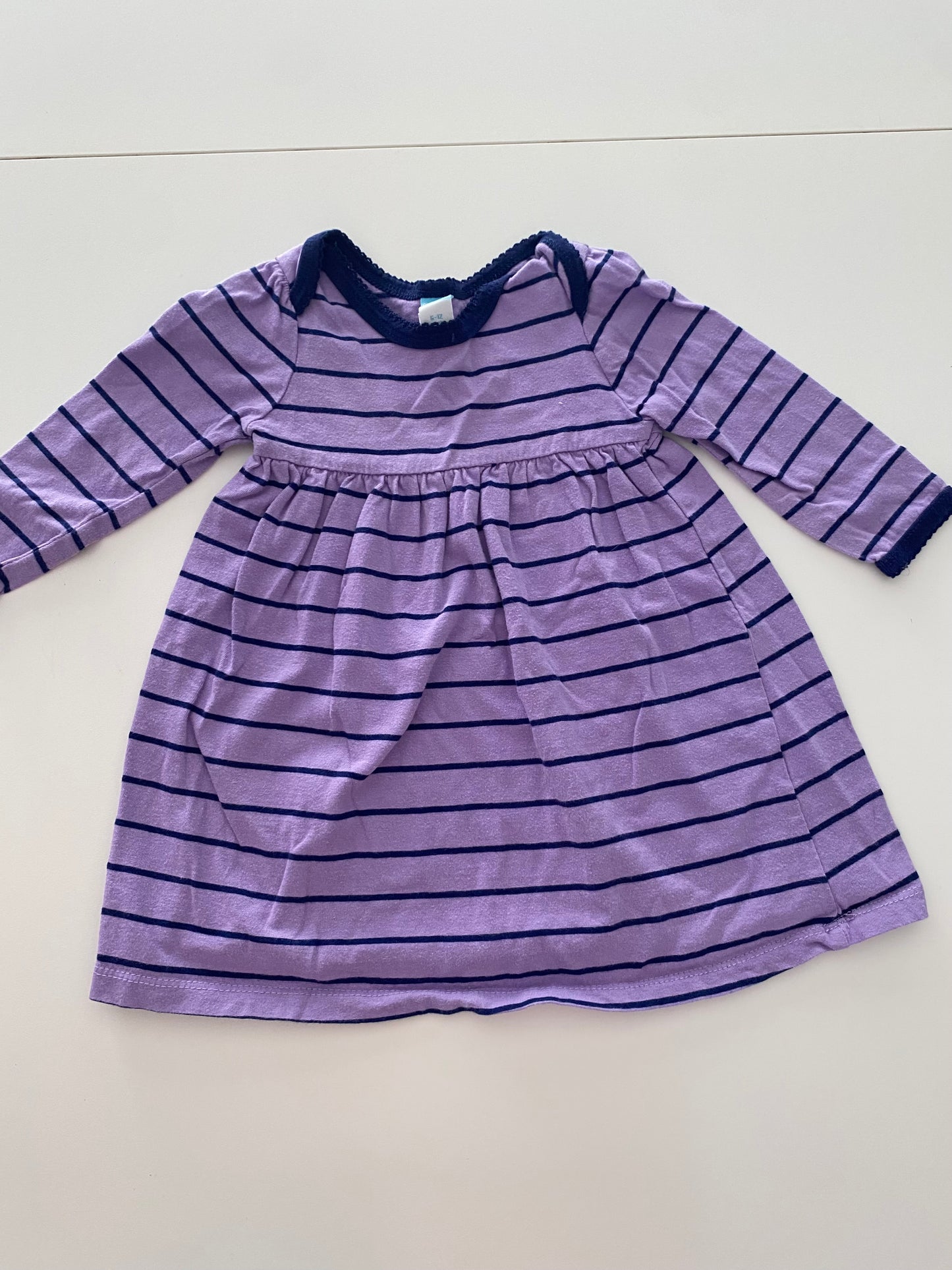 #117- Girls 12M, Old Navy blue unicorn and purple /navy striped dress, GUC