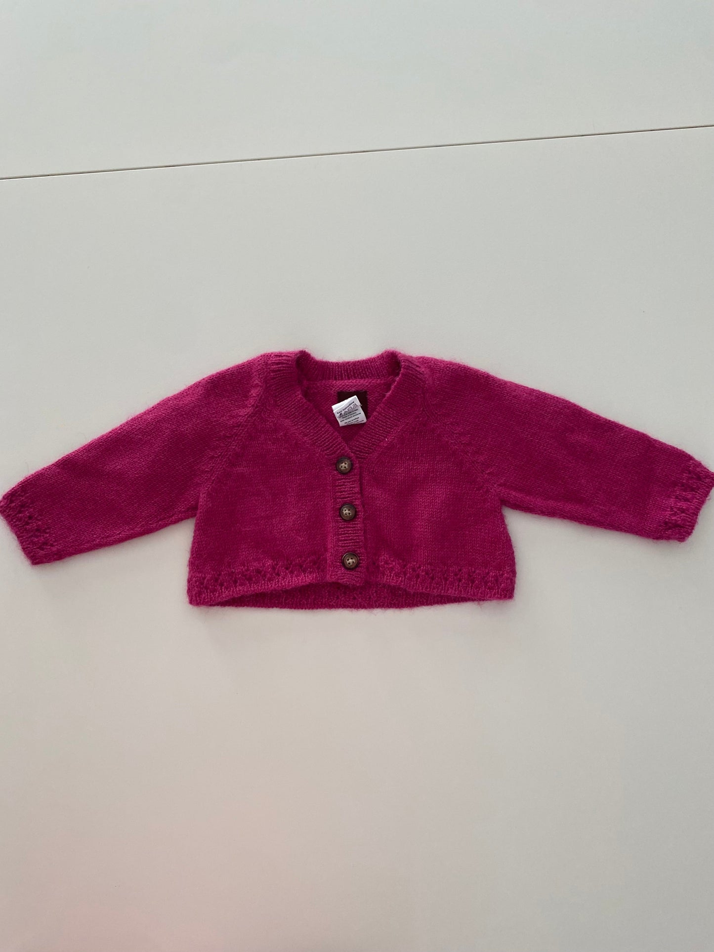 #117- Girls 12M, Tea Alpaca/Wool Hot Pink Cropped button down cardigan, EUC,*reduced*