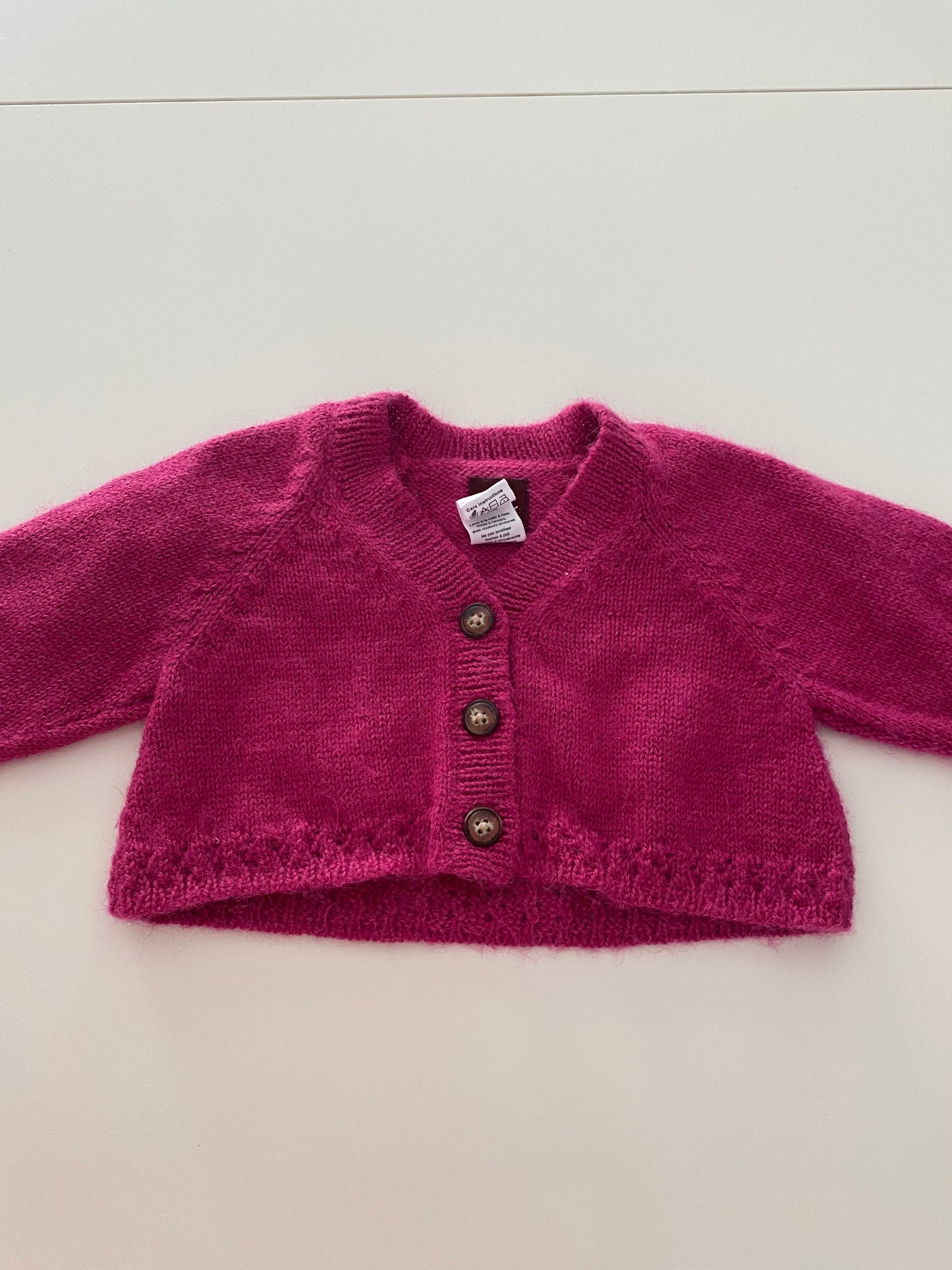 #117- Girls 12M, Tea Alpaca/Wool Hot Pink Cropped button down cardigan, EUC,*reduced*
