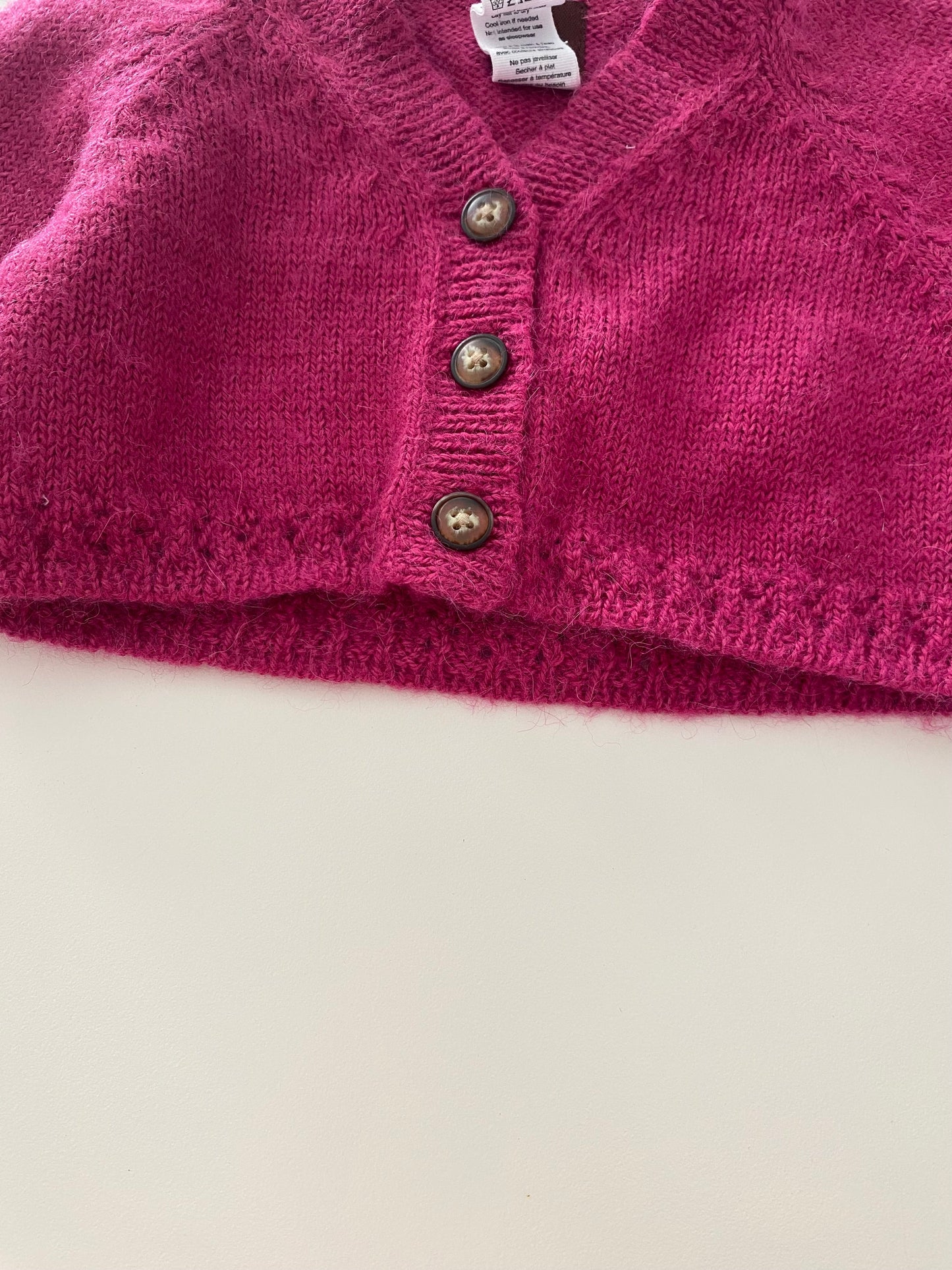 #117- Girls 12M, Tea Alpaca/Wool Hot Pink Cropped button down cardigan, EUC,*reduced*