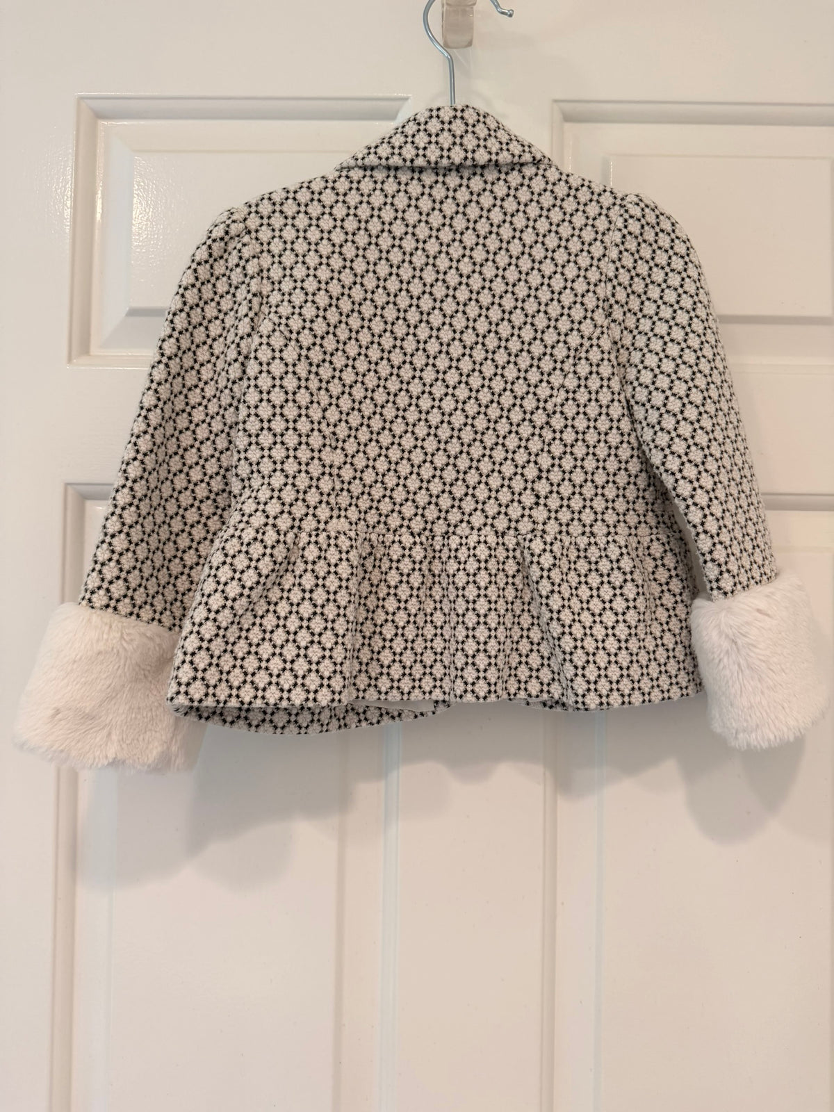 #85 Janie and Jack White Black and Gold Jacket with Faux Fur Sleeve Cuffs, Girls 18-24m
