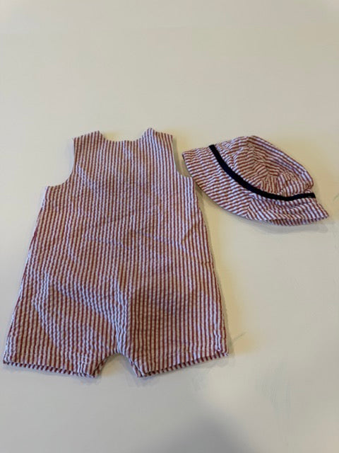 #181 - Little Me - Red and white striped seersucker romper with anchors and matching hat Infant Boys SIZE 9 months