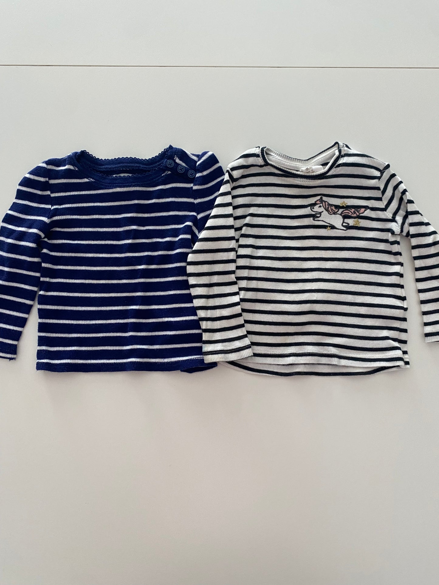 #117- Girls 24M, H&M black/white unicorn and Old Navy blue/white striped rib shirt bundle, VGUC
