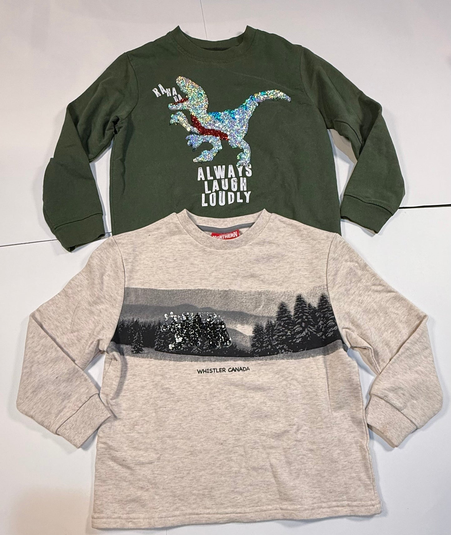#180 Boys 8 Sweatshirt Reverse Sequin Bundle - Bear and Dinosaur