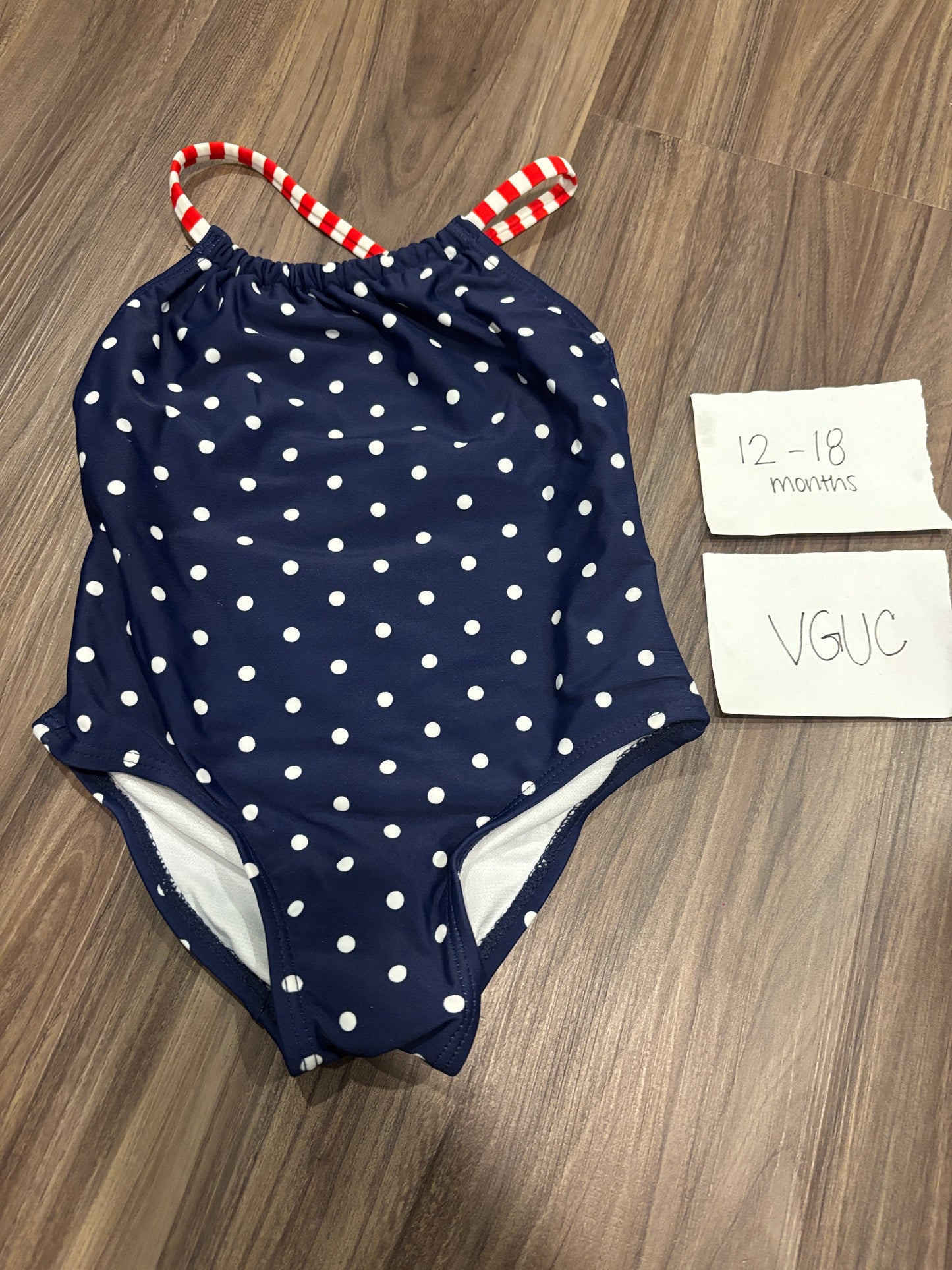 #77 - 12-18 Mo - VGUC Navy Polka Dot Swimsuit