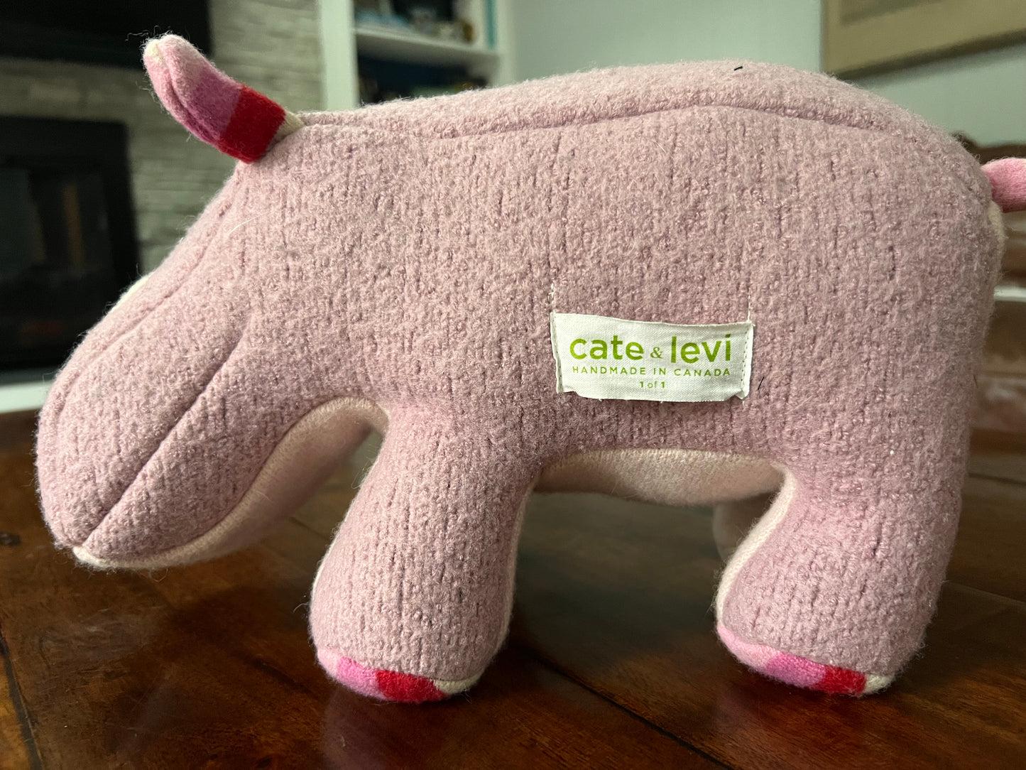 #66 Cate & Levi pink hippo, wool stuffed animal, handmade in Canada. One of a kind. VGUC (sat on shelf only).