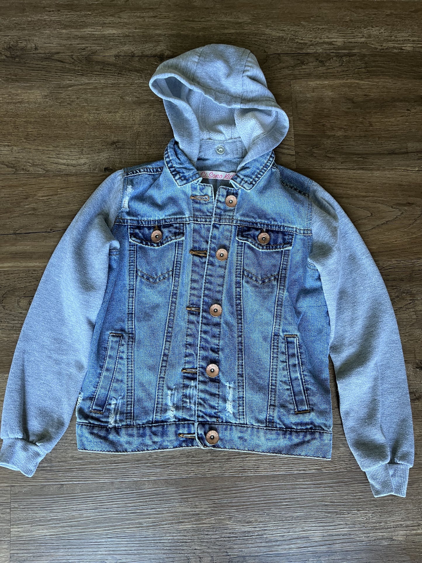 #124 Medium Wash Denim Jacket with Gray Sleeves & Removable Hood Girls Size S 8