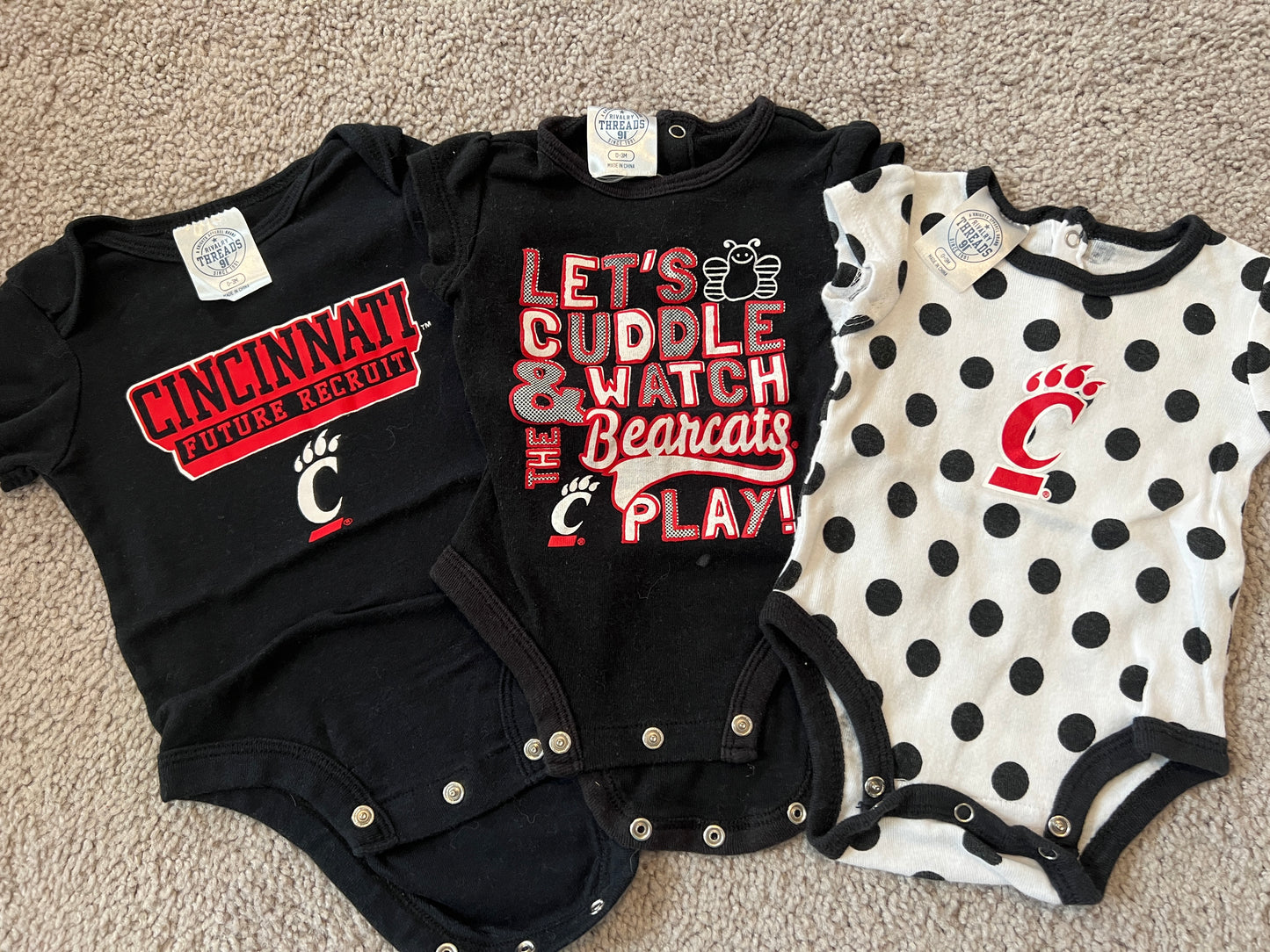 #138 - 0-3 Mo - EUC Rivalry Threads - 3 Pack UC Bearcat Onesies - PU 45236