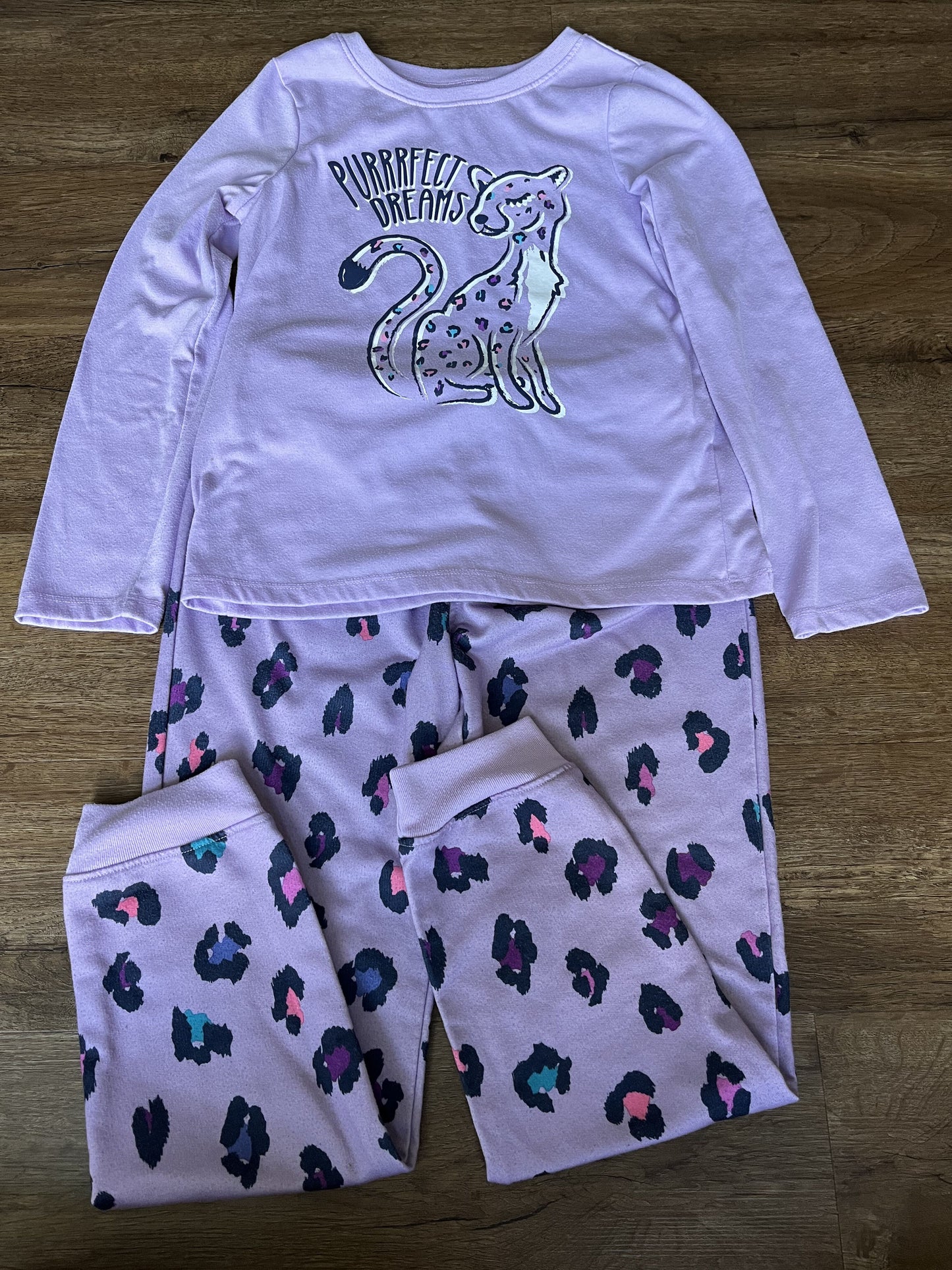 #124 VGUC Lands' End Purple Leopard Printed Pajamas Girls Size 8