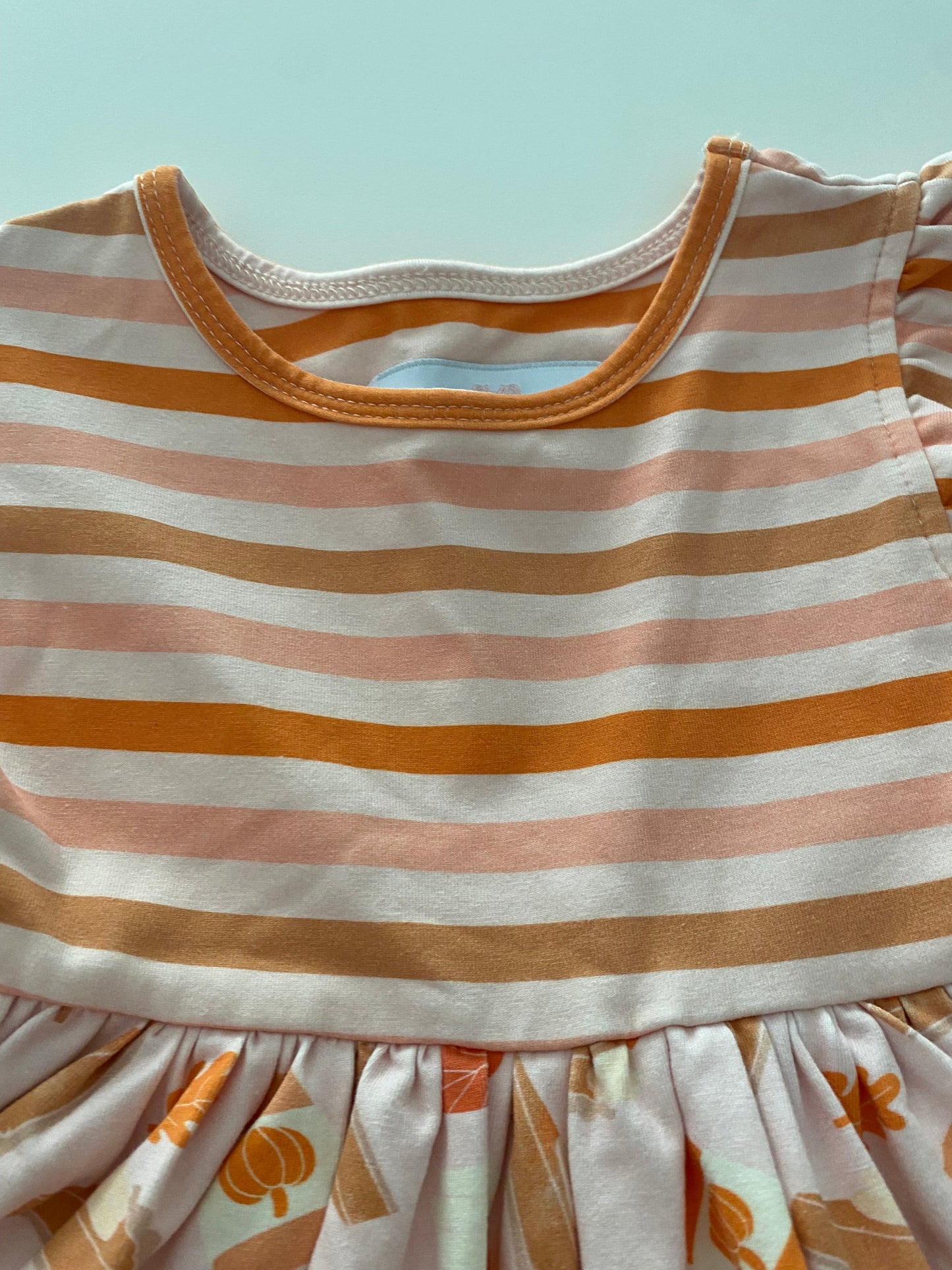 #117- Girls 3T, Smocked Sweets Fall twirl dress, orange striped, EUC,*reduced*