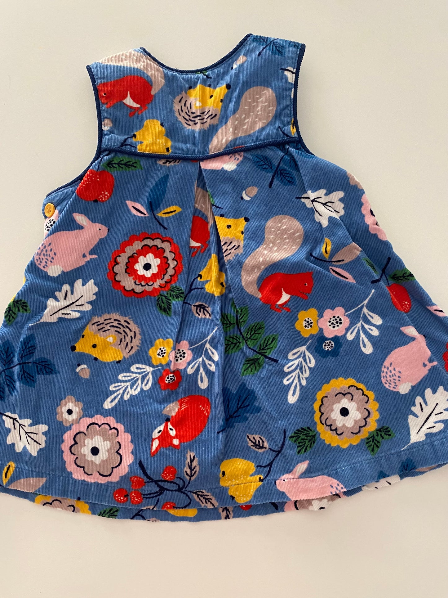 #117- Girls 6M, Boden blue cordoruy animal print jumper dress, EUC