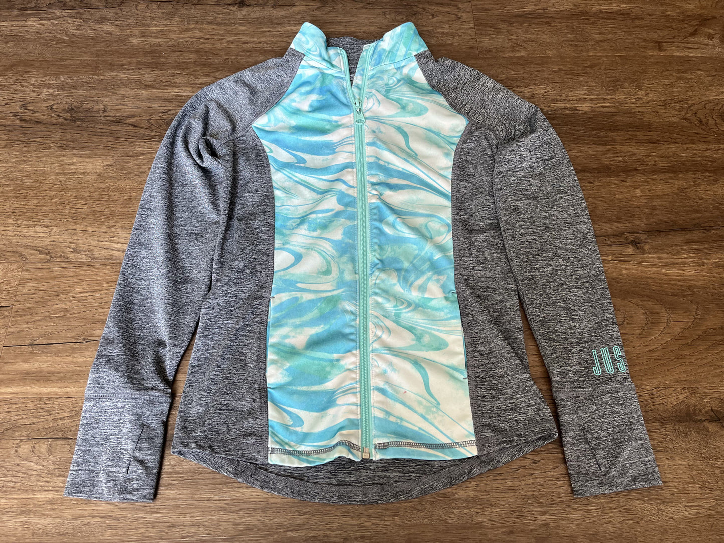 #124 Justice Active Grey/Teal Zipper Jacket Girls Size 8