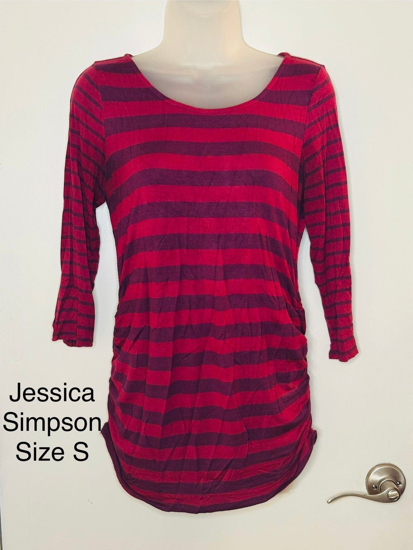 #186 Jessica Simpson Size S Maternity Pink/Purple Striped Shirt - EUC