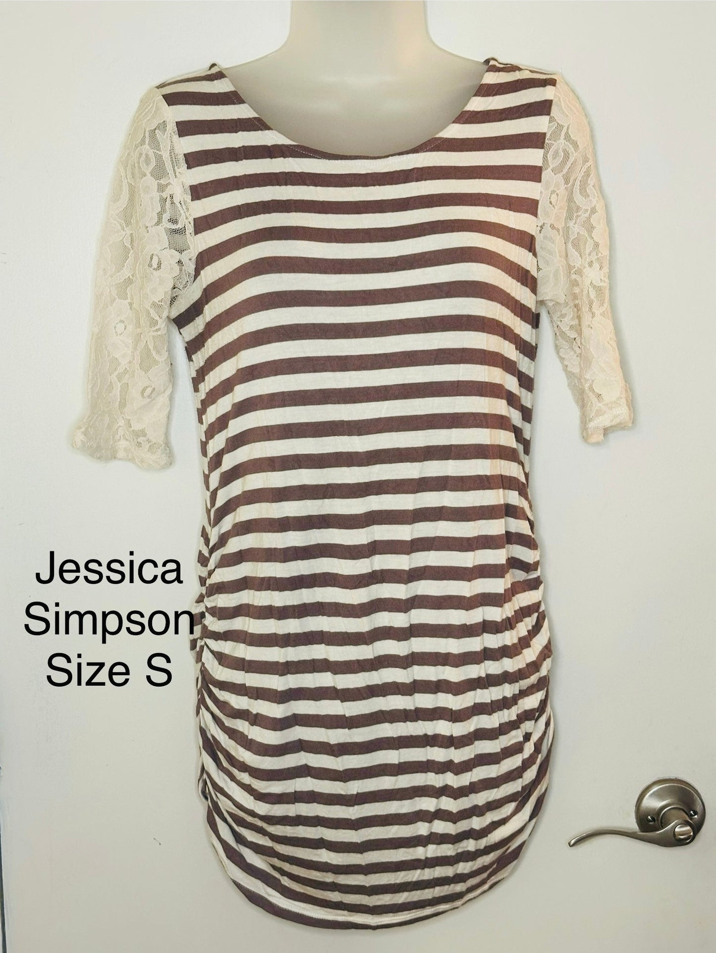 #186 Jessica Simpson Size S Maternity Tan Striped Shirt with Lace Sleeves - EUC