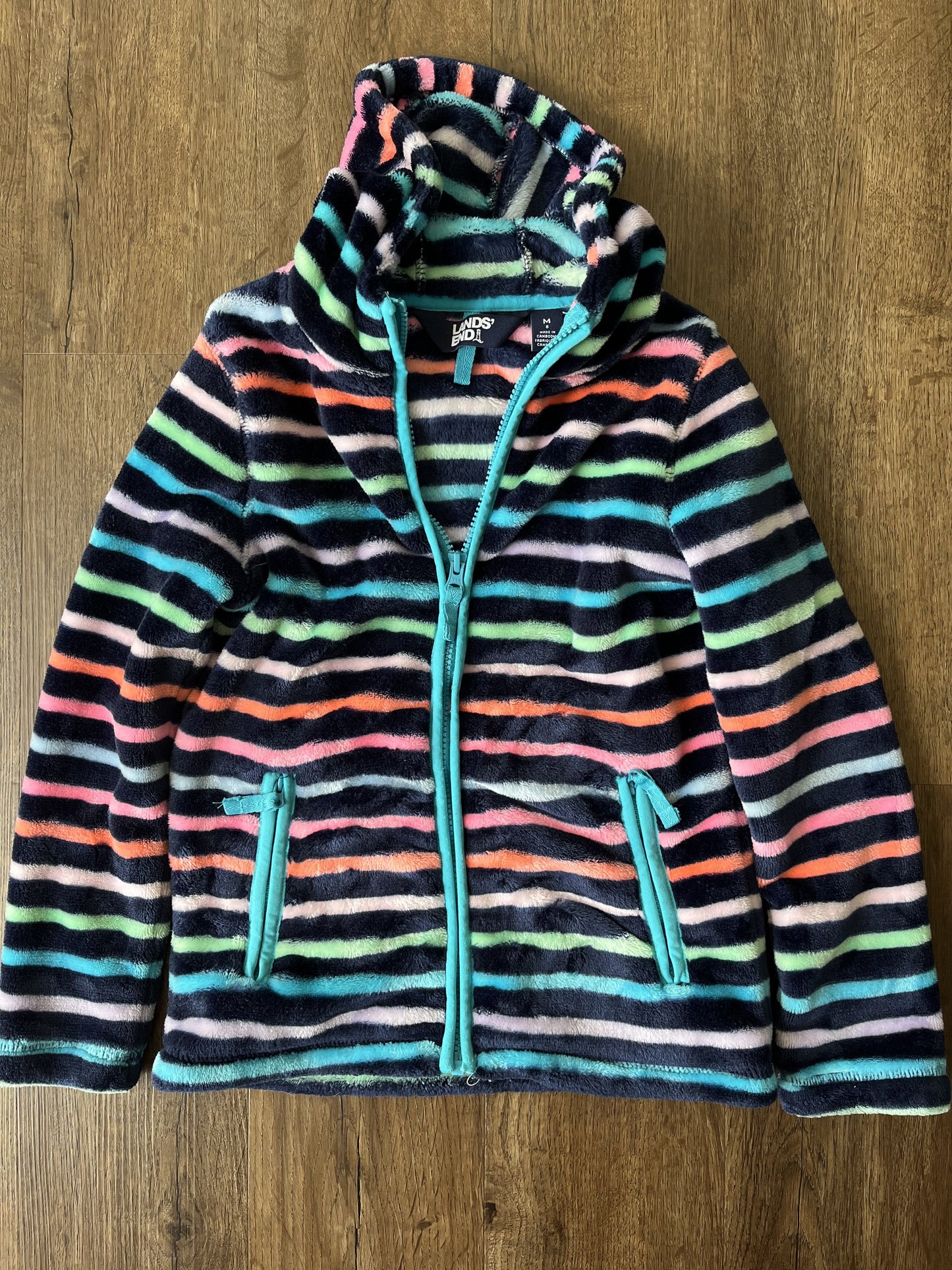 #124 EUC Lands' End Navy Stripe Fleece Zipper Jacket Girls Size M 8