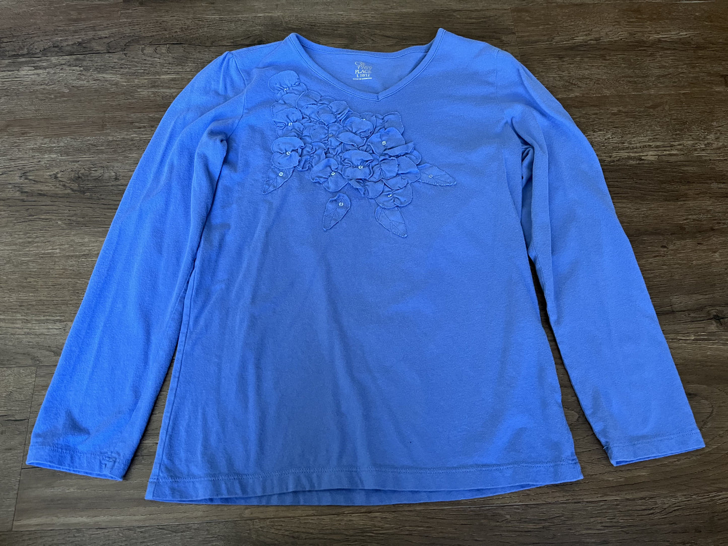#124 Children's Place Blue Shirt w/Flower Detail Girls Size L 10/12