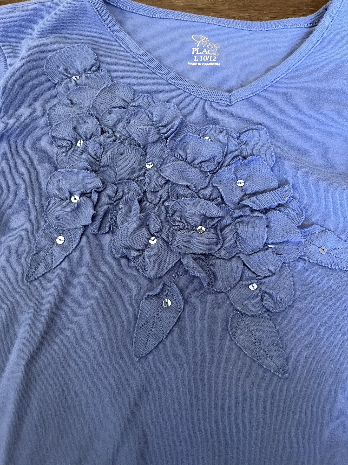 #124 Children's Place Blue Shirt w/Flower Detail Girls Size L 10/12