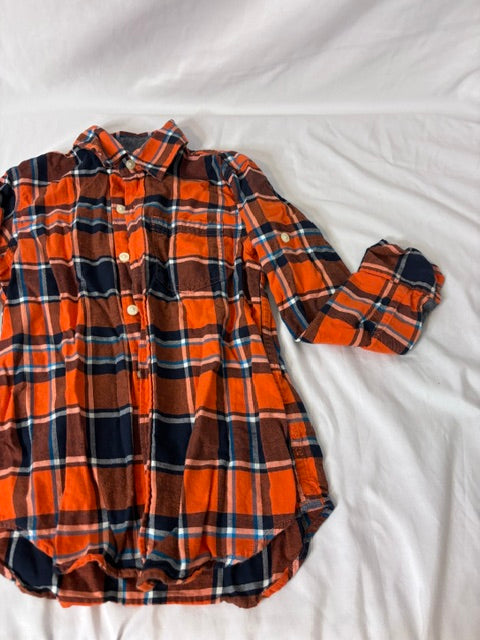 #90 Gap Kids Boys Size 6-7 Orange Plaid Flannel Button-Up Shirt