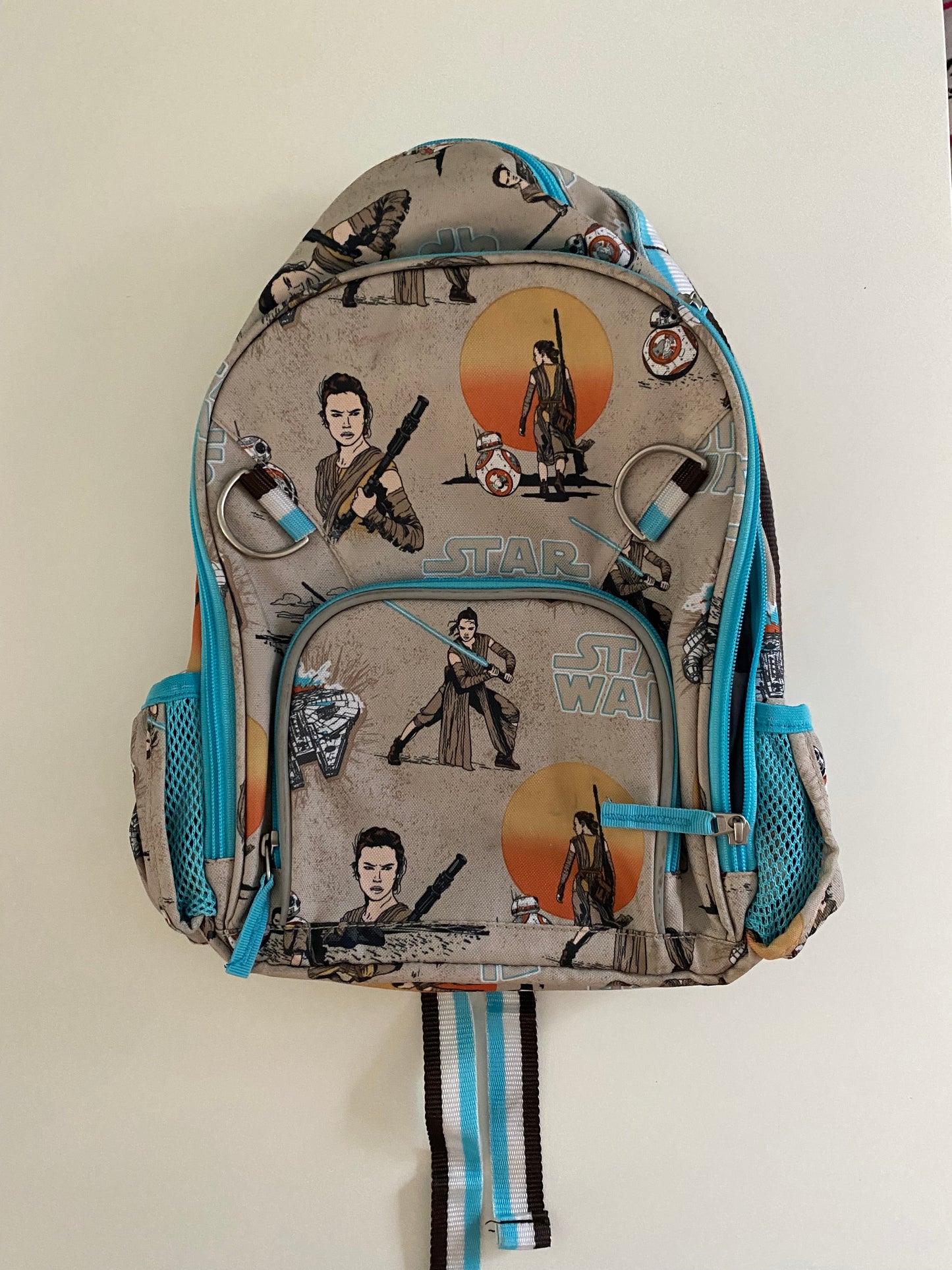 #117, Star Wars Rey Backpack, tan and blue, EUC