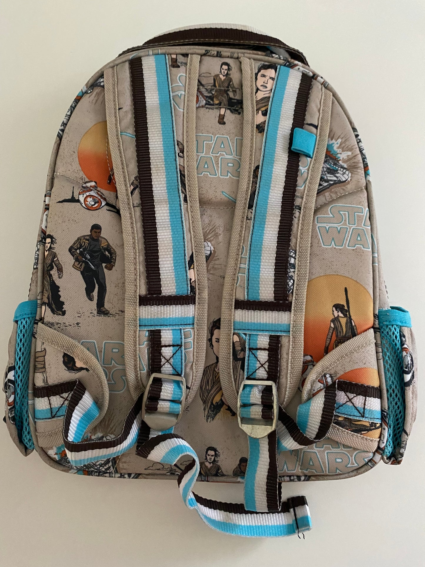 #117, Star Wars Rey Backpack, tan and blue, EUC