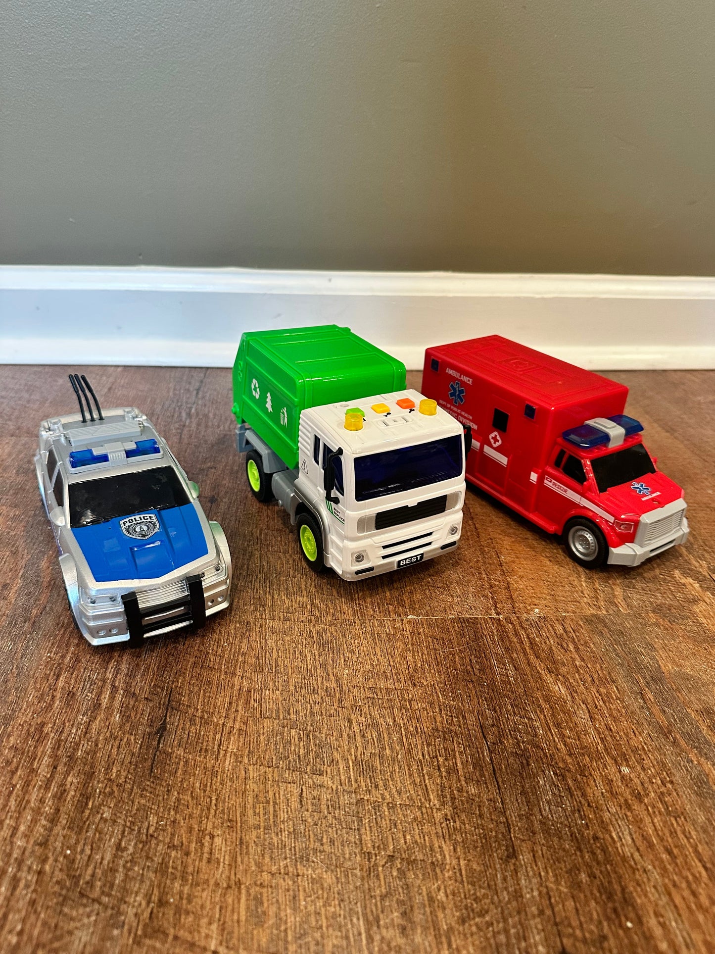 #65 Set of 3 Vehicle Toys - Police Car, Garbage Truck + Ambulance