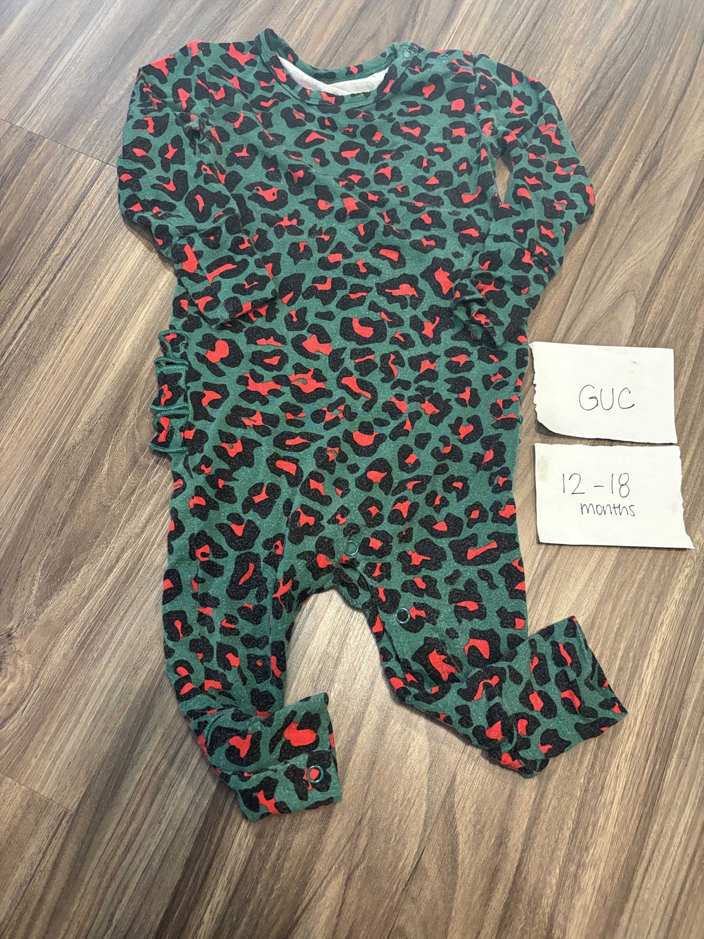 #138 - 12-18 Mo - Posh Peanut (Bamboo ) Christmas Cheetah LS Romper GUC